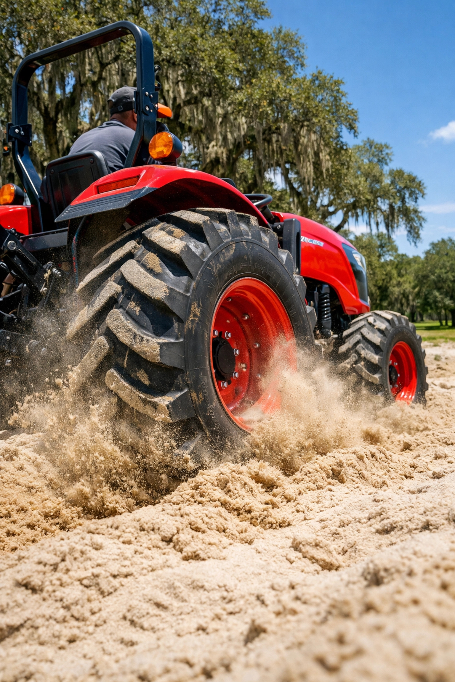 Red compact tractor navigating deep sandy Florida soil in an Ocala landscape.