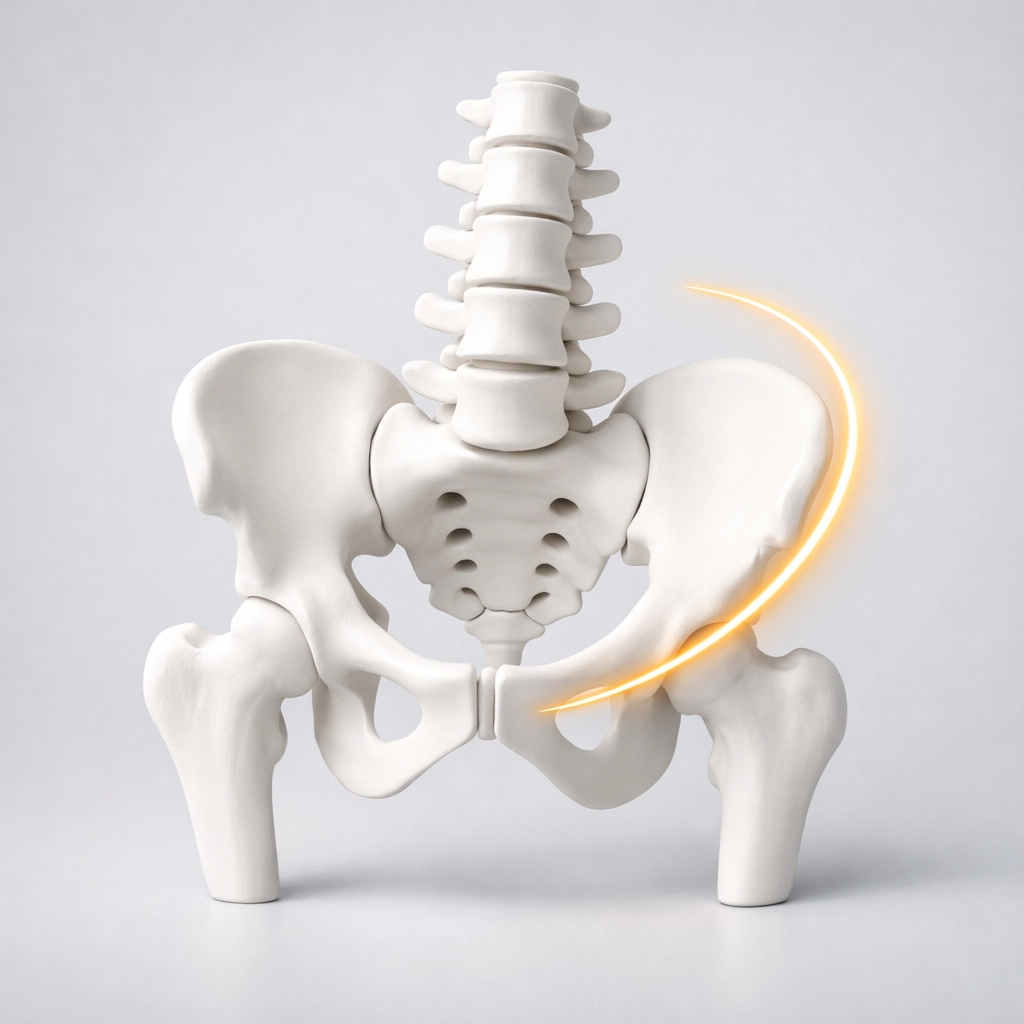 An anatomical model of the spine and pelvis showing hip imbalance and structural realignment for sciatica pain relief.