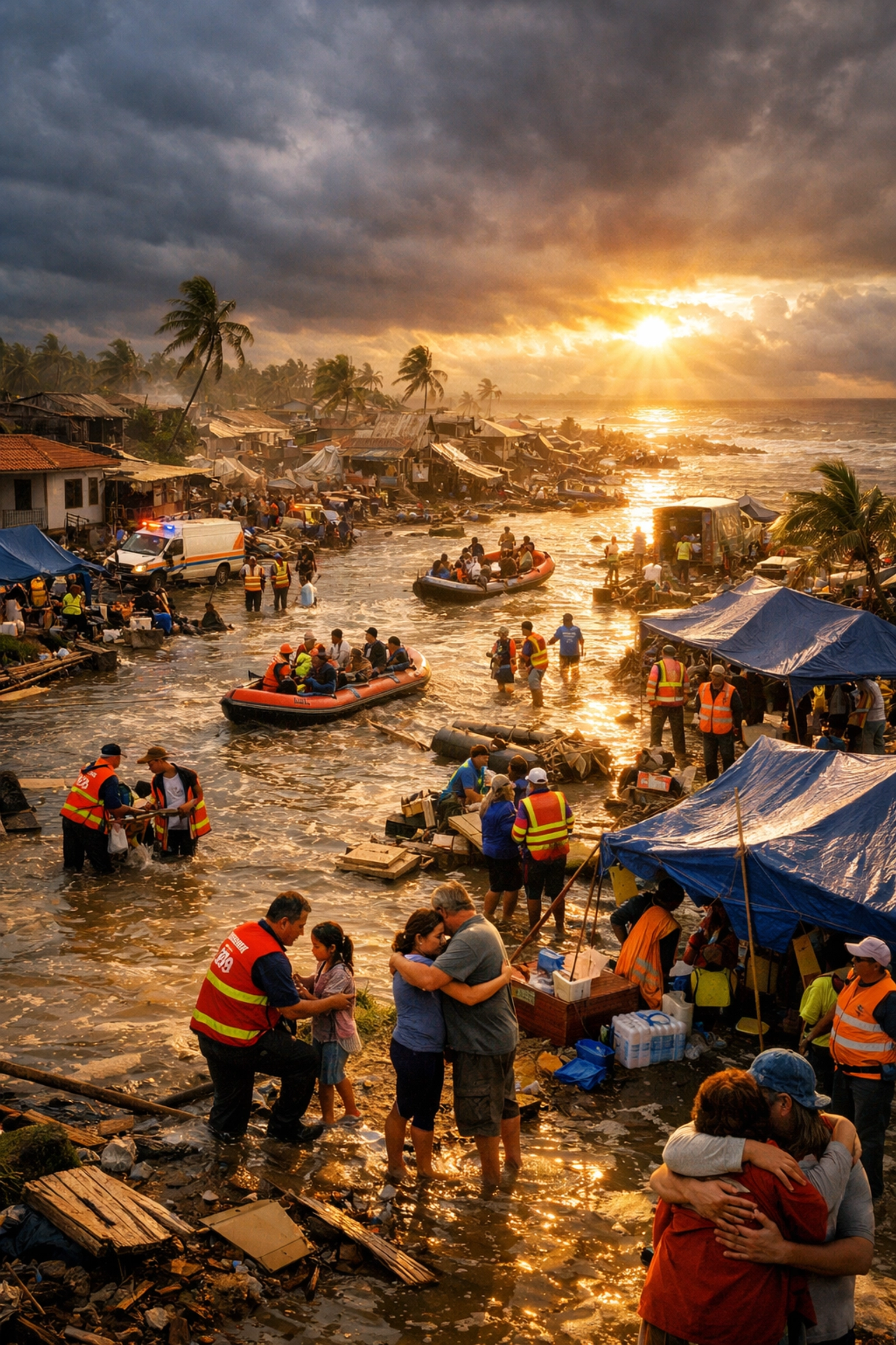 Disaster relief workers helping tropical storm victims with hope and compassion