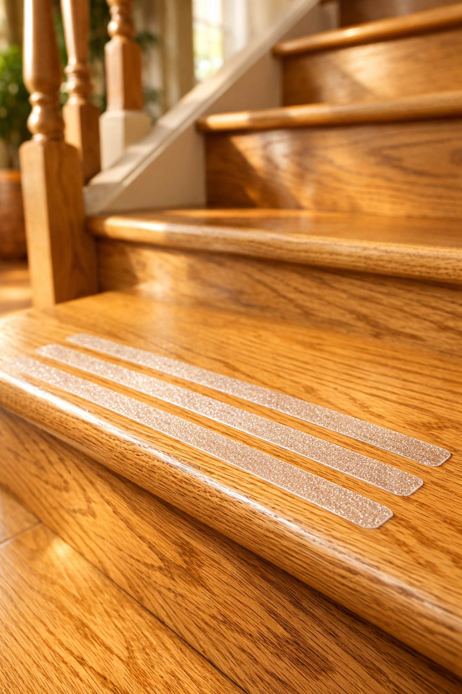 Clear non-slip adhesive treads on a wooden staircase for improved traction and fall prevention.
