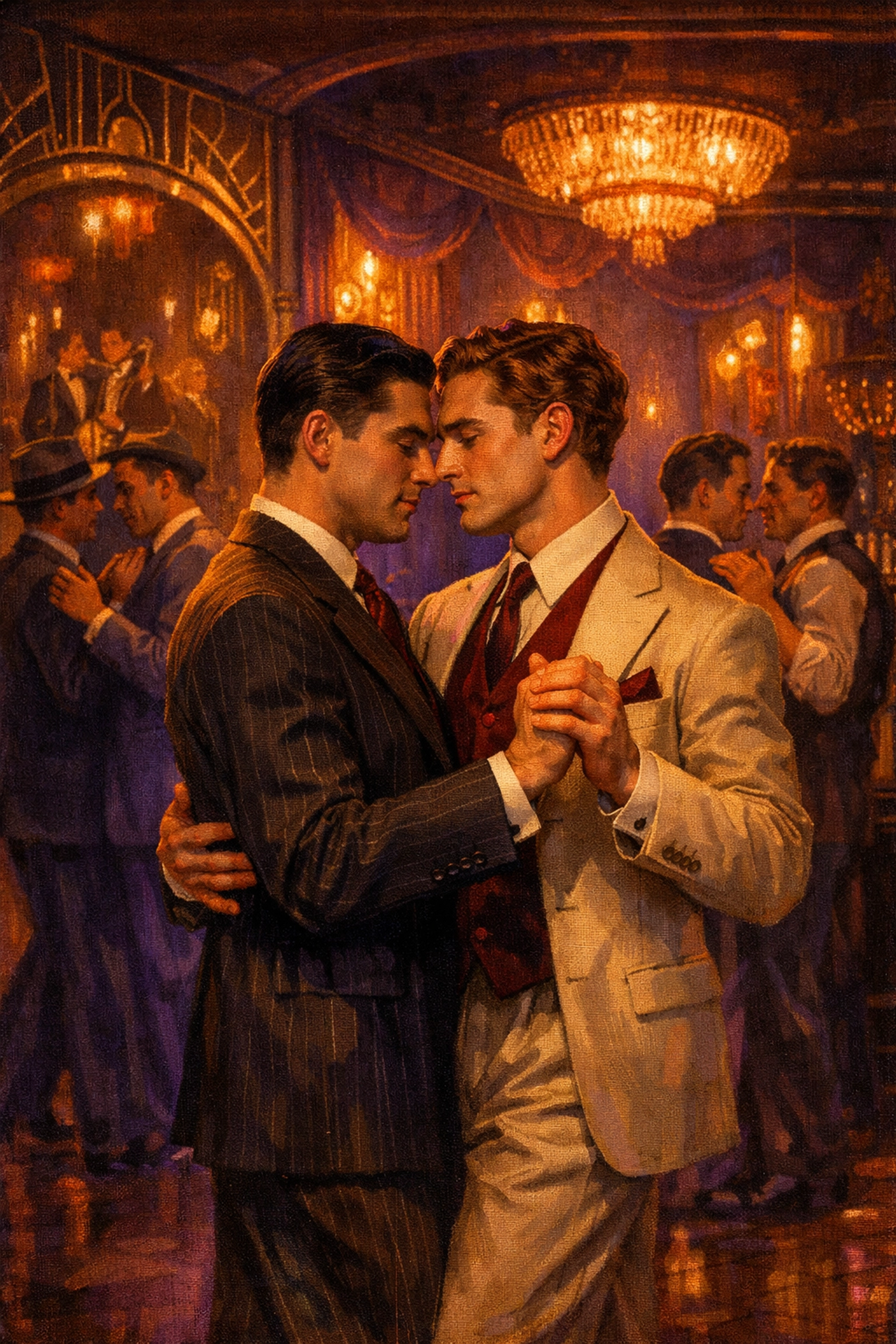 Men dancing in secret 1920s underground nightclub Paris - Jazz Age gay romance scene