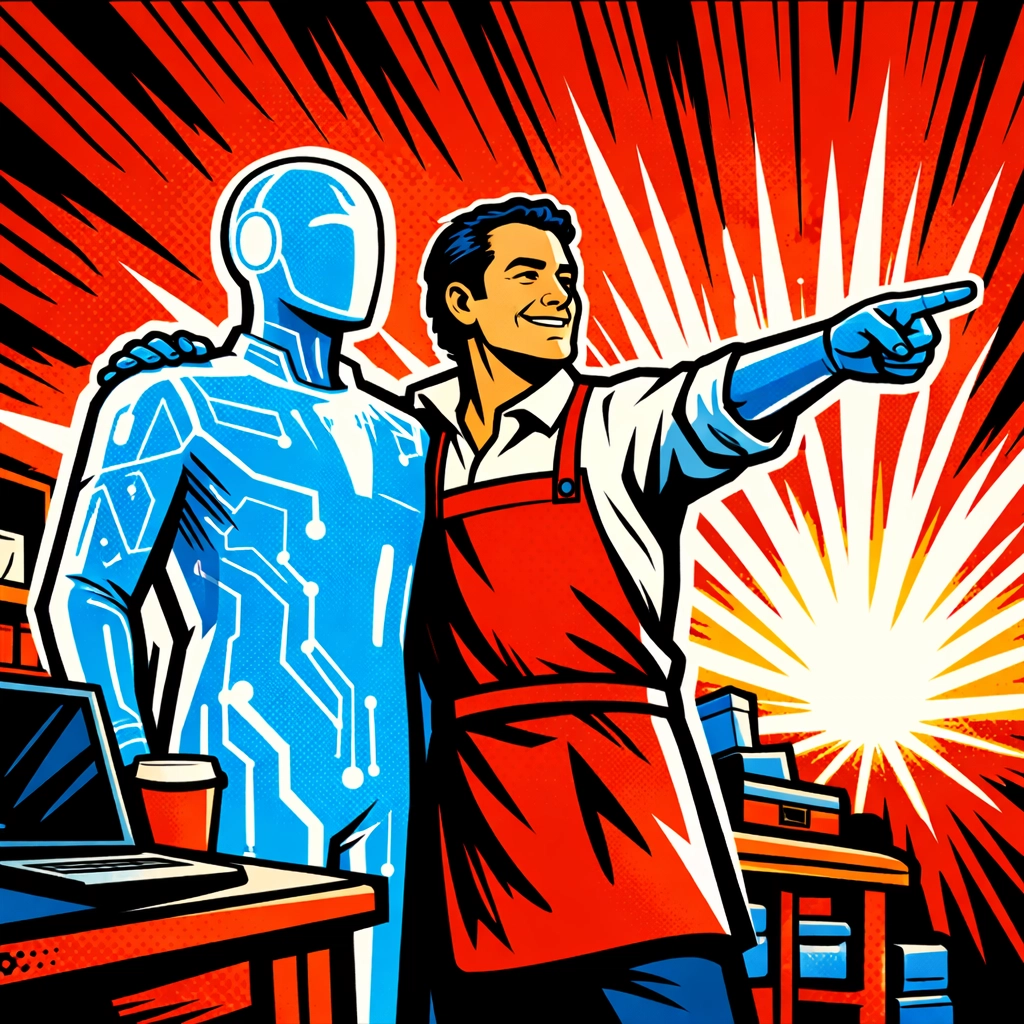 Small business owner collaborating with a digital AI assistant for small business growth.