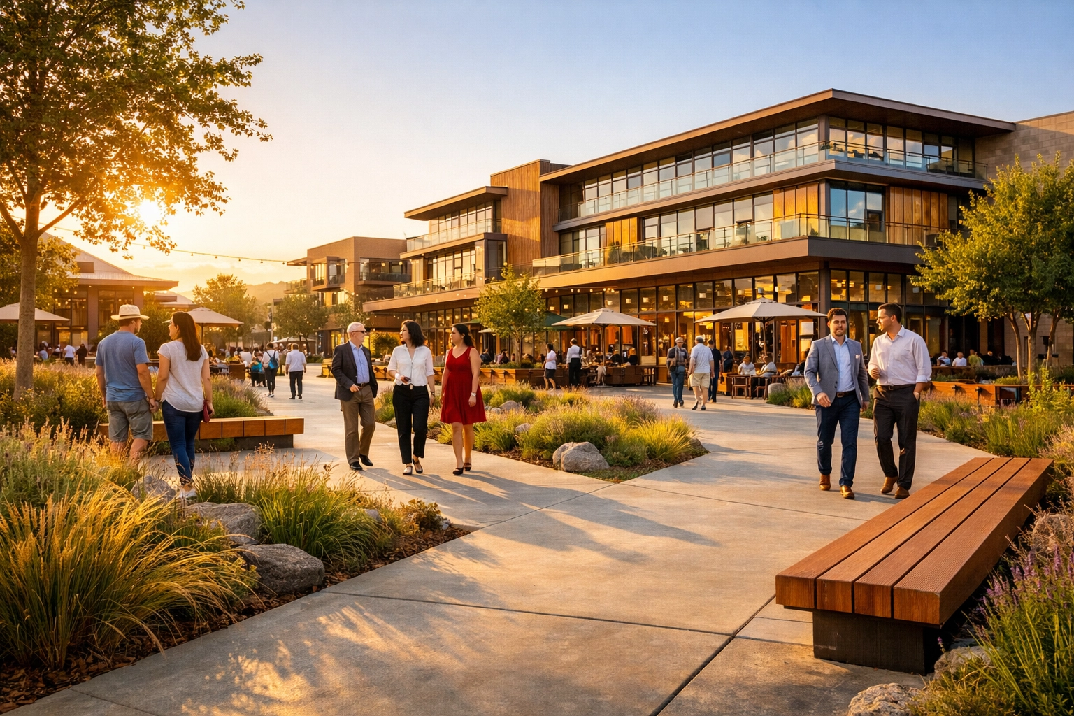Vibrant community plaza with sustainable landscaping, showcasing the result of professional community impact consulting.