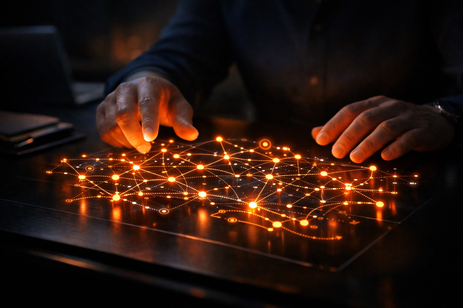 Strategist mapping out a content cluster hierarchy using a digital web of interconnected SEO topics.