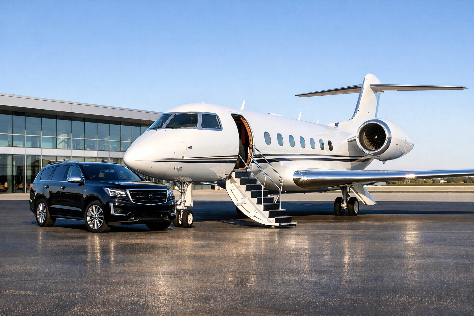 Private jet and black luxury SUV on tarmac for seamless VIP Super Bowl arrival logistics.