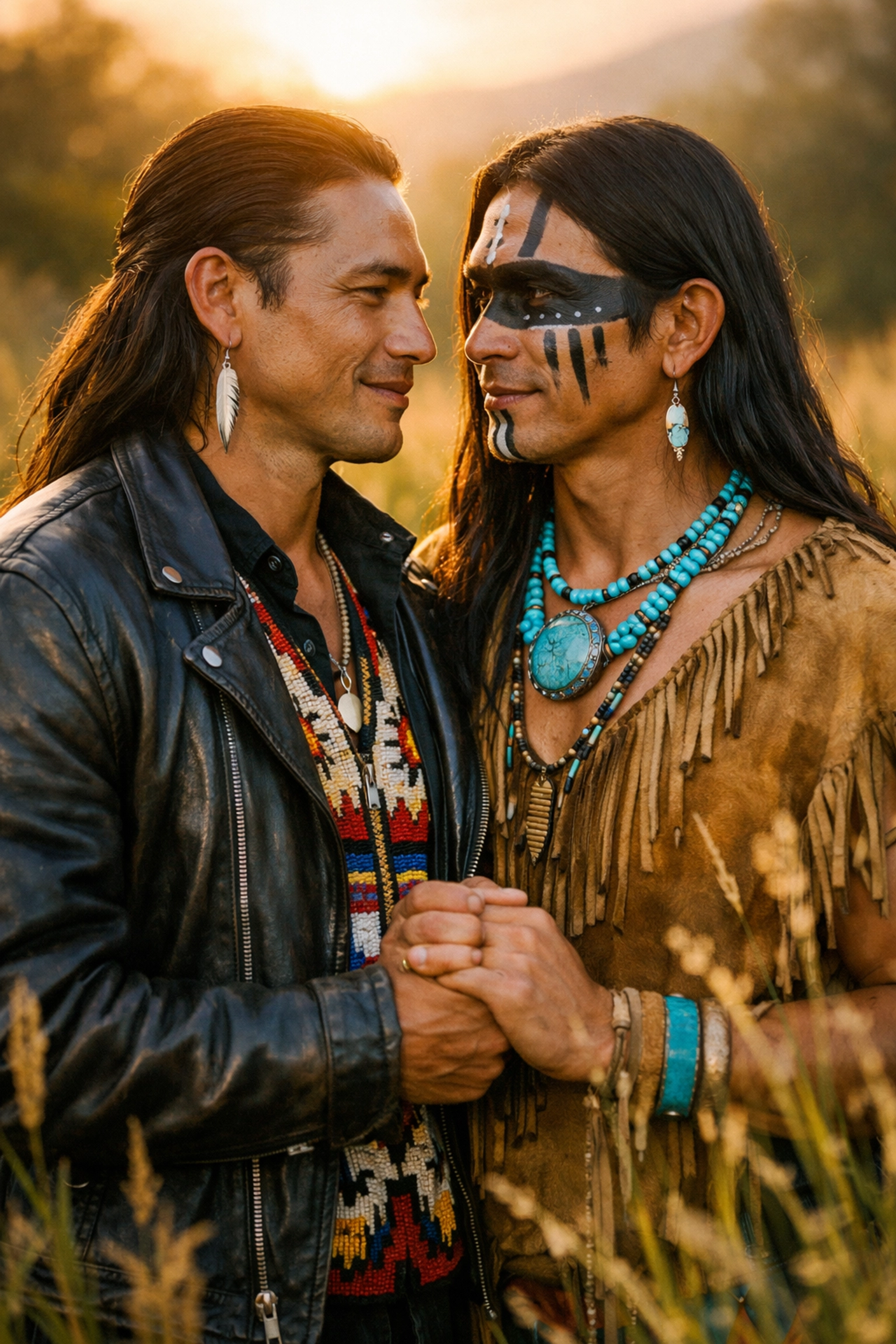 Two Indigenous men in traditional beads and leather, sharing a romantic moment of Two-Spirit identity.