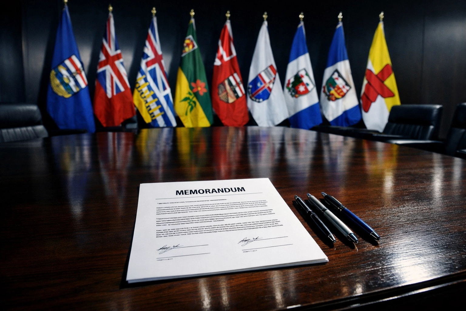 Western Canadian provincial flags at government meeting table with signed memorandum