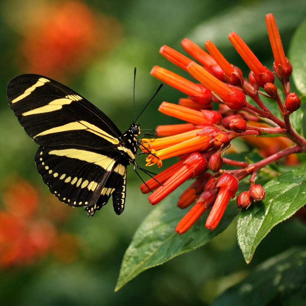 Native Florida Firebush attracting a Zebra Longwing butterfly in a Venice pollinator garden.