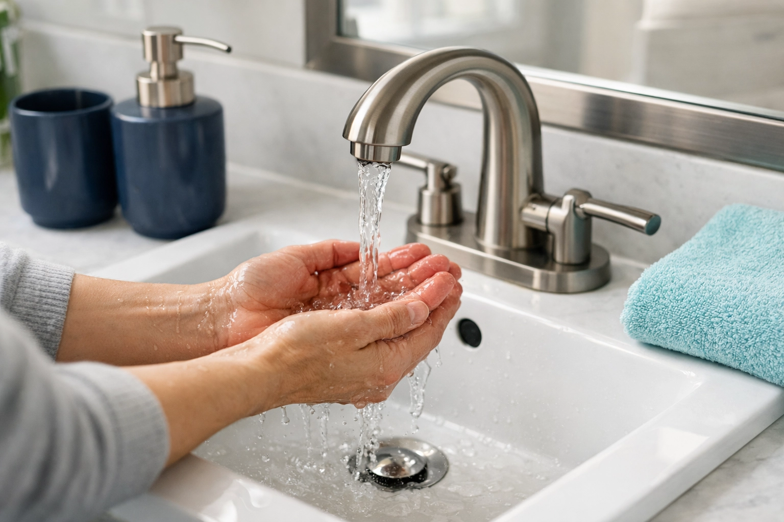 Person warming hands under warm water at a sink as part of a wellness routine