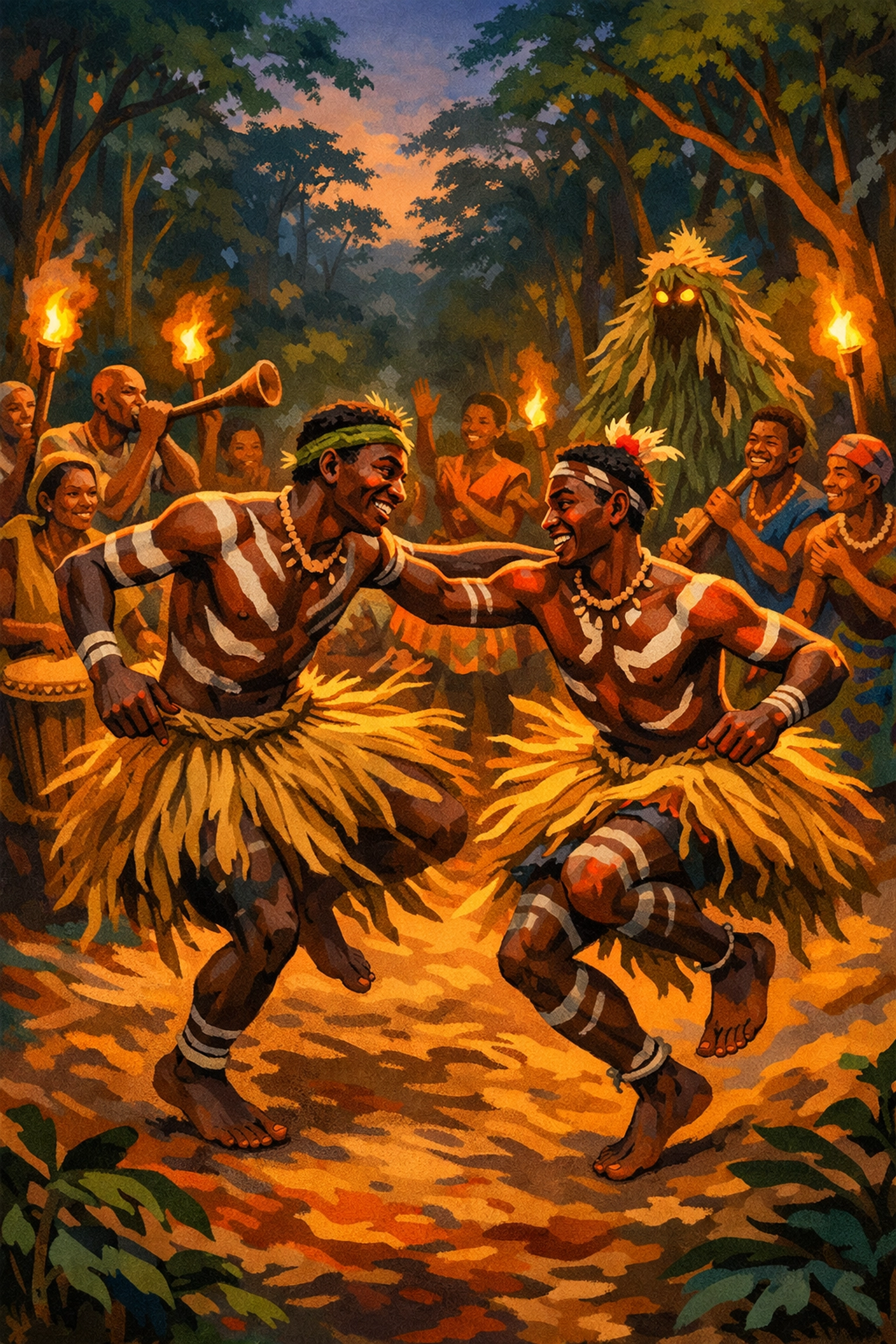 Baka men dance together at Jengi ceremony celebrating fluid gender expression in Congo culture