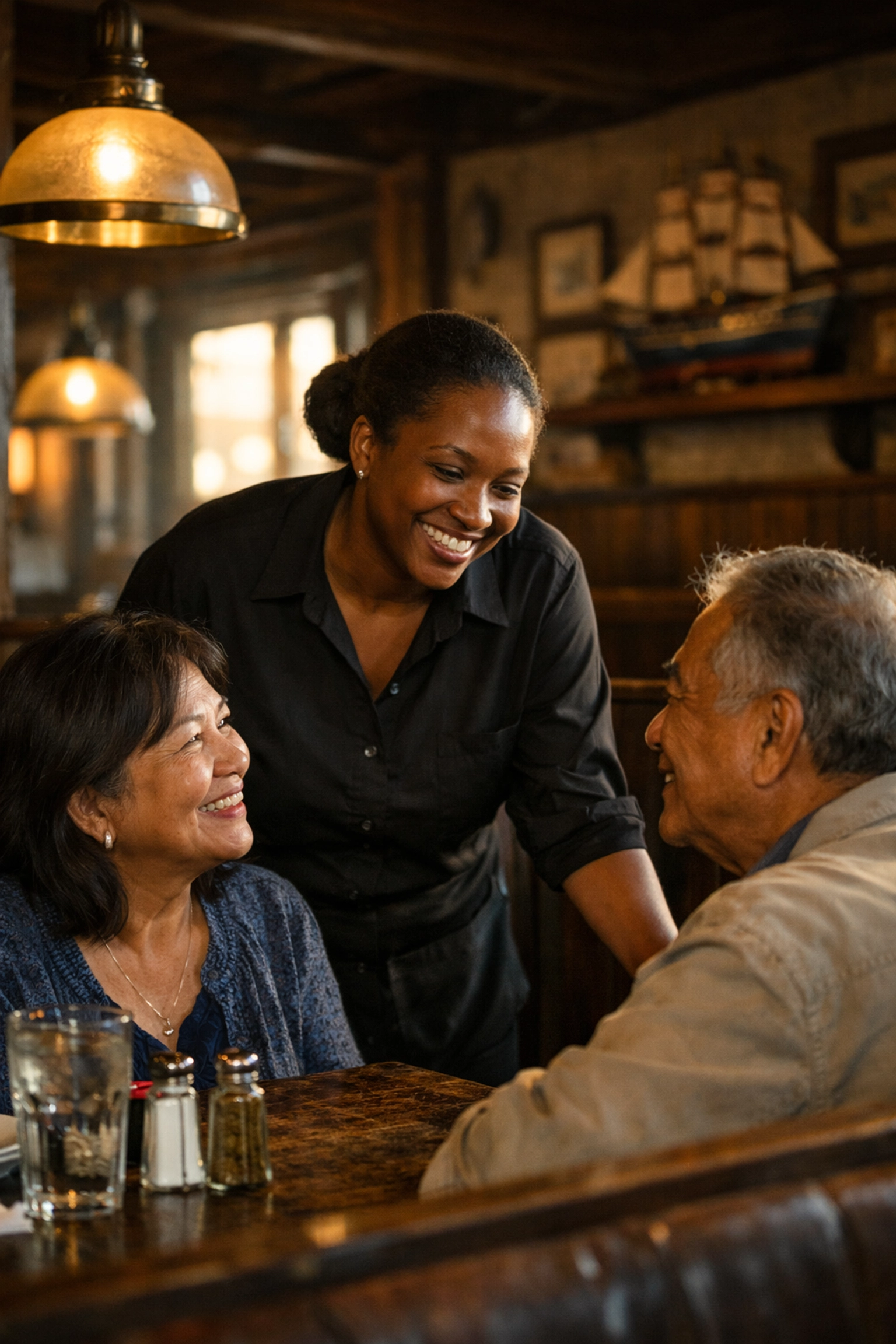 A server engages with patrons at Vallemar Station, reflecting the community hospitality of Pacifica’s historic restaurants.