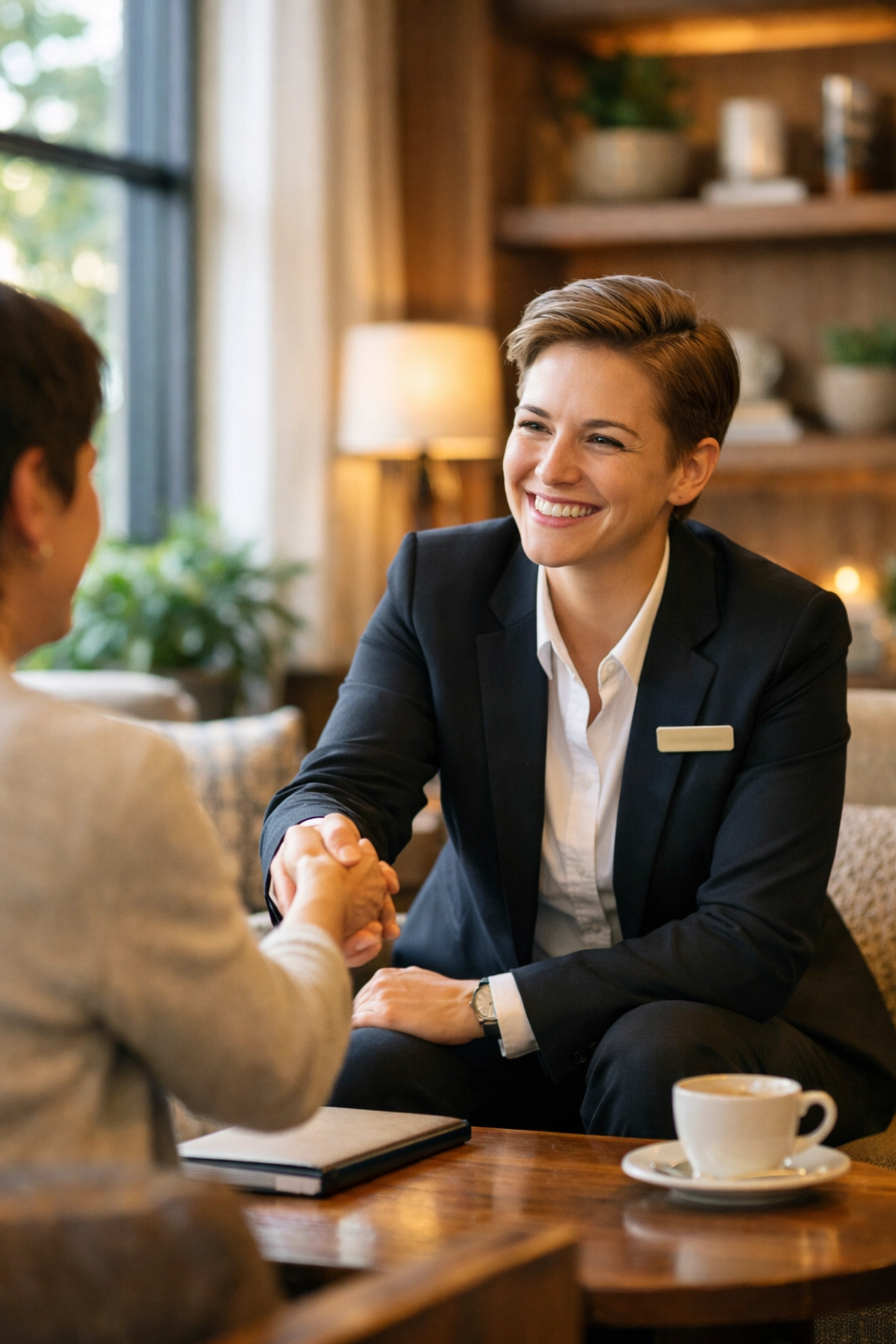 Hospitality professional genuinely connecting with guest in welcoming environment