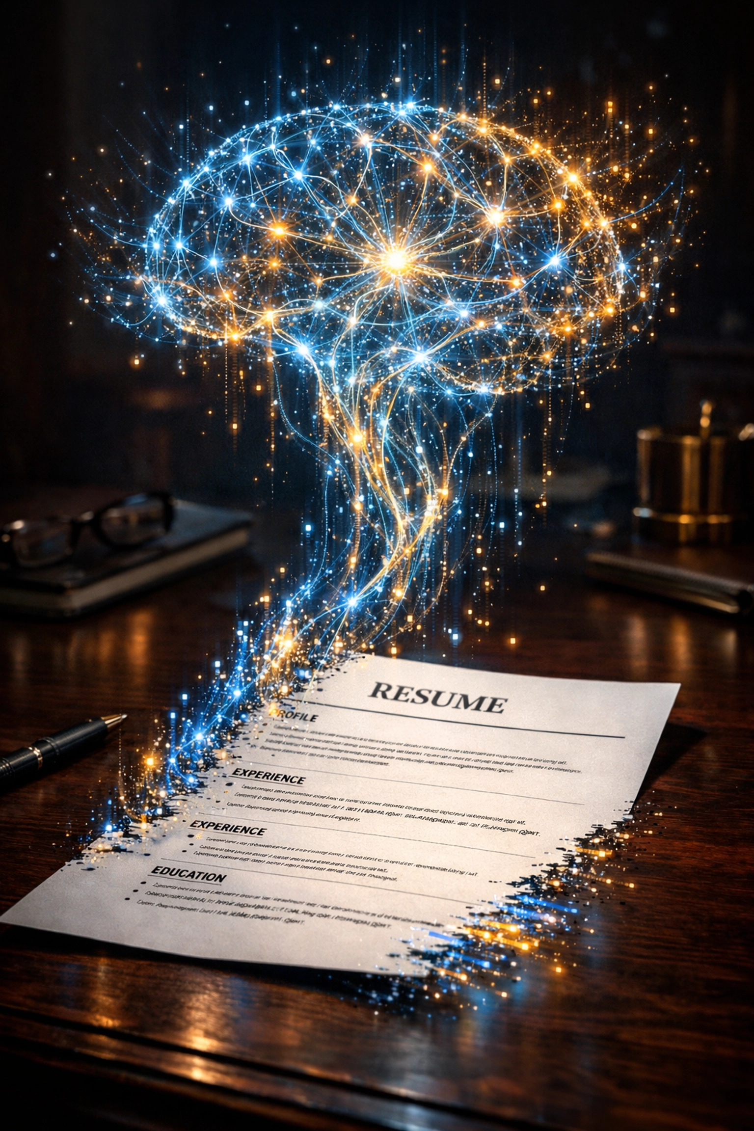 A traditional paper resume transforming into a digital data stream and holographic neural network.