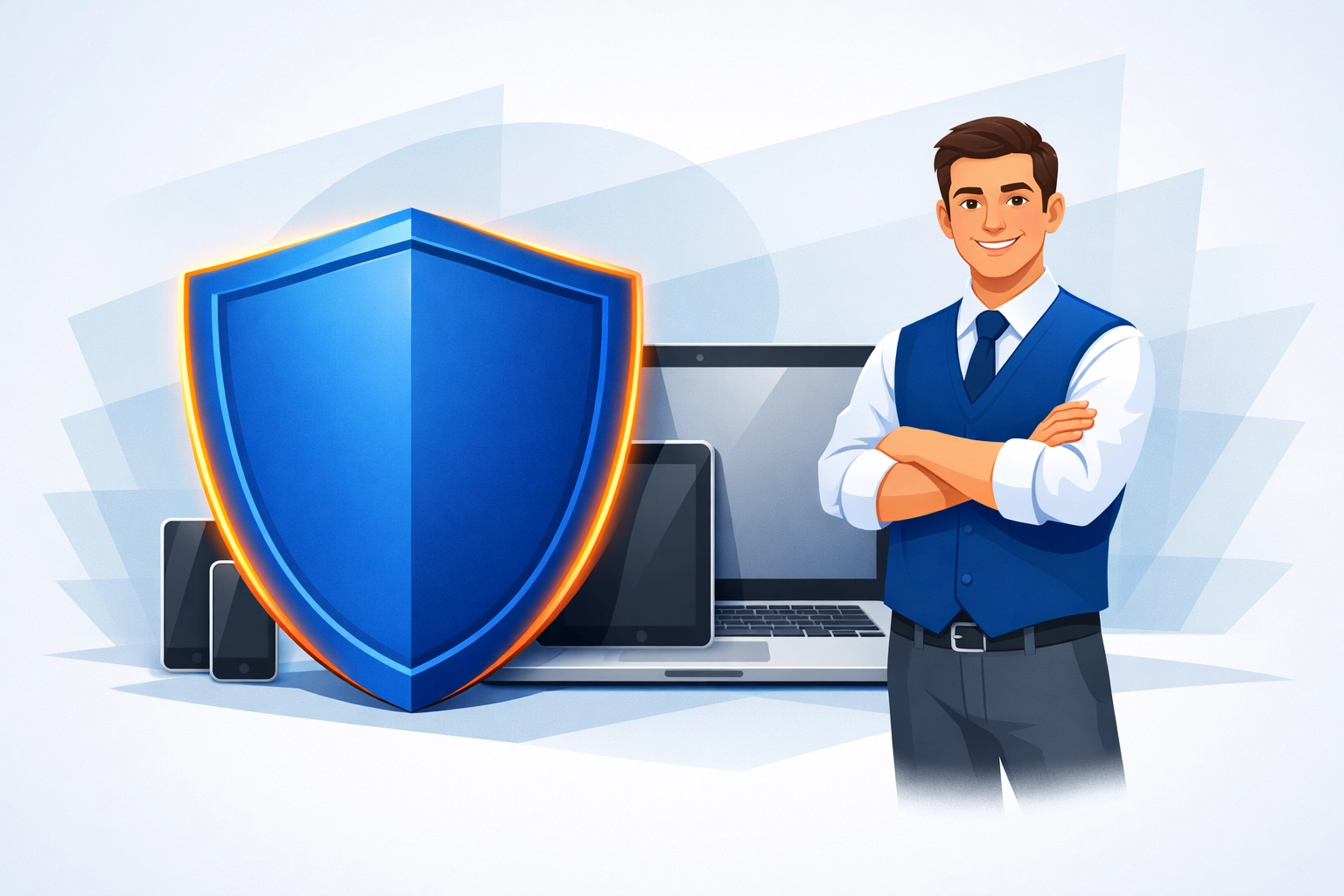 Professional IT support Toronto expert protecting business laptops with a cybersecurity shield.