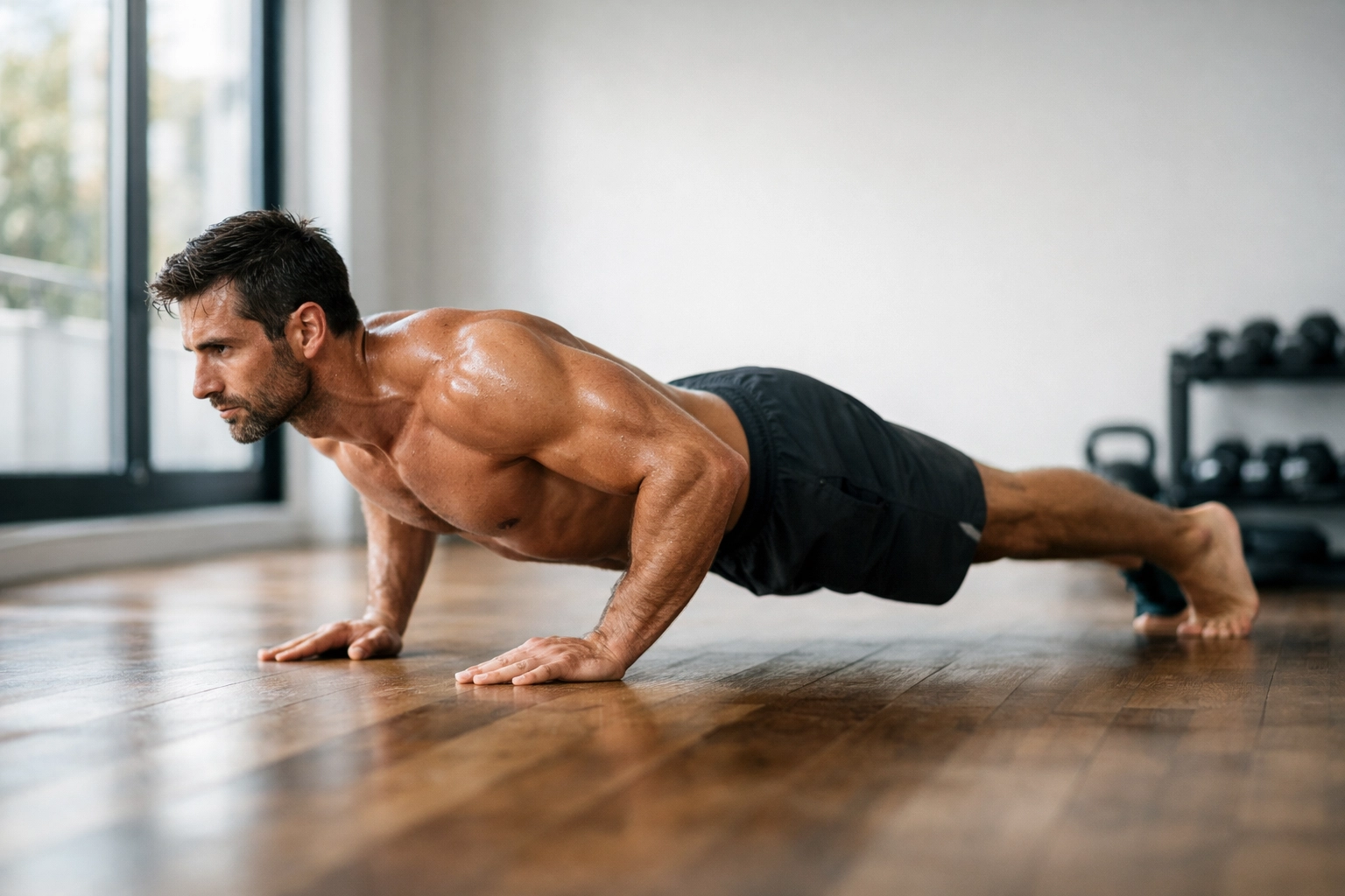 Athlete performing perfect push-up form during bodyweight training at home workout