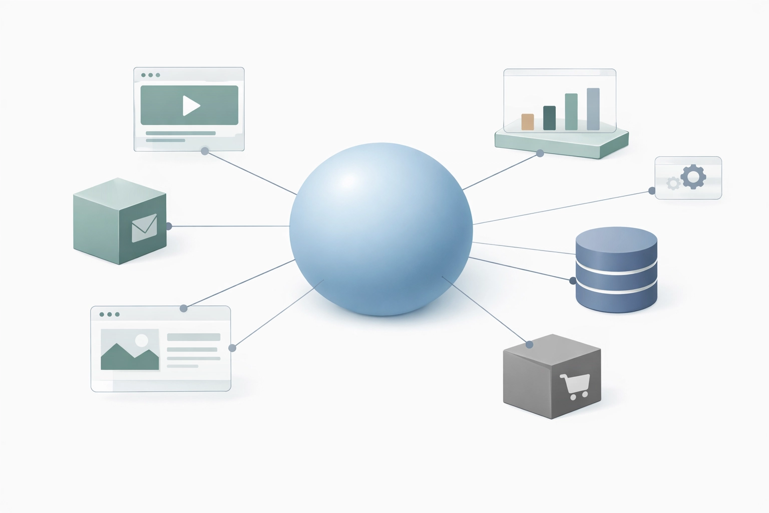 Reusable website components connected to a central hub, illustrating an evolving digital ecosystem.