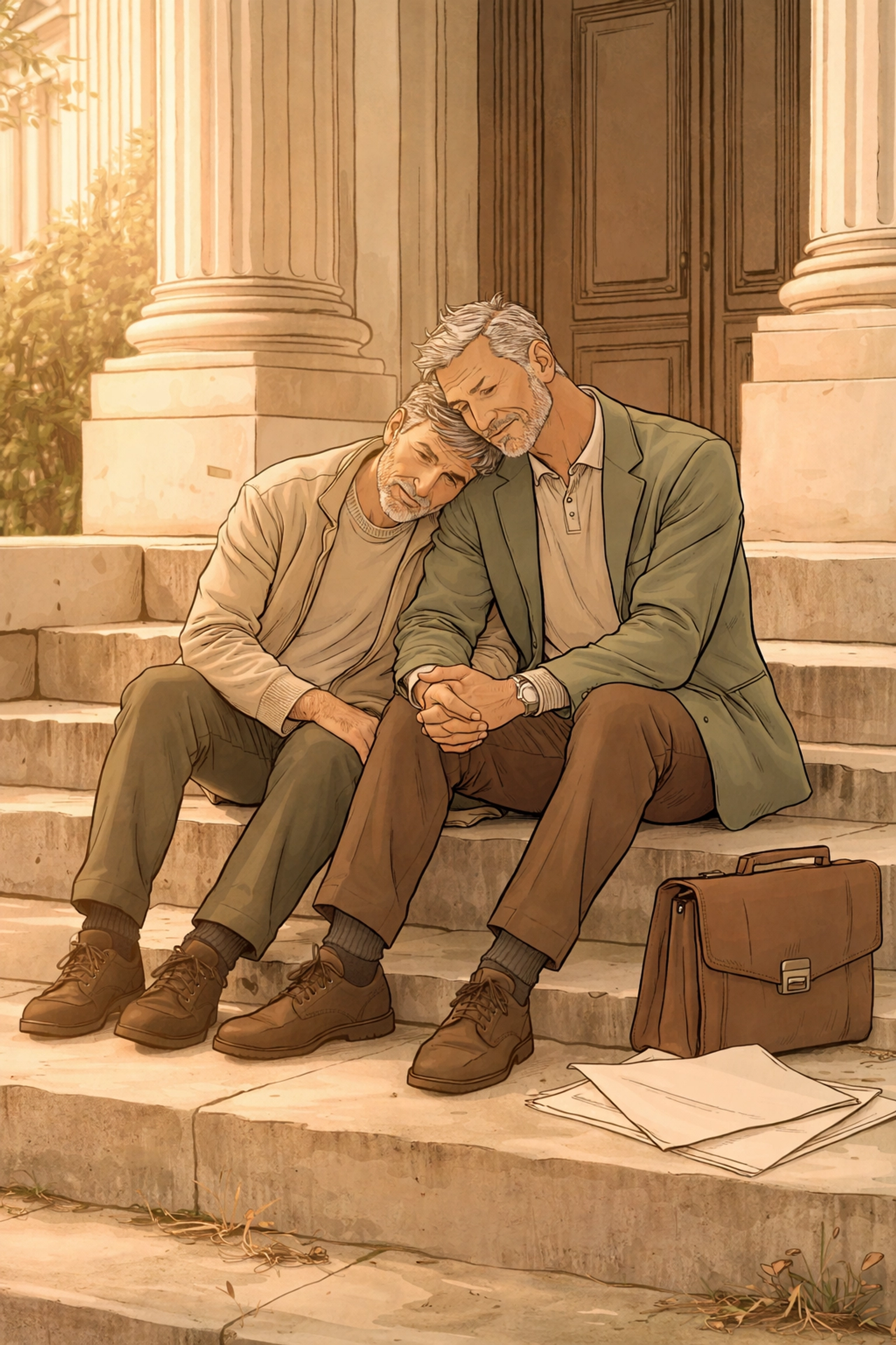 Two older men sitting together on stone steps depicting later-in-life gay love and authenticity