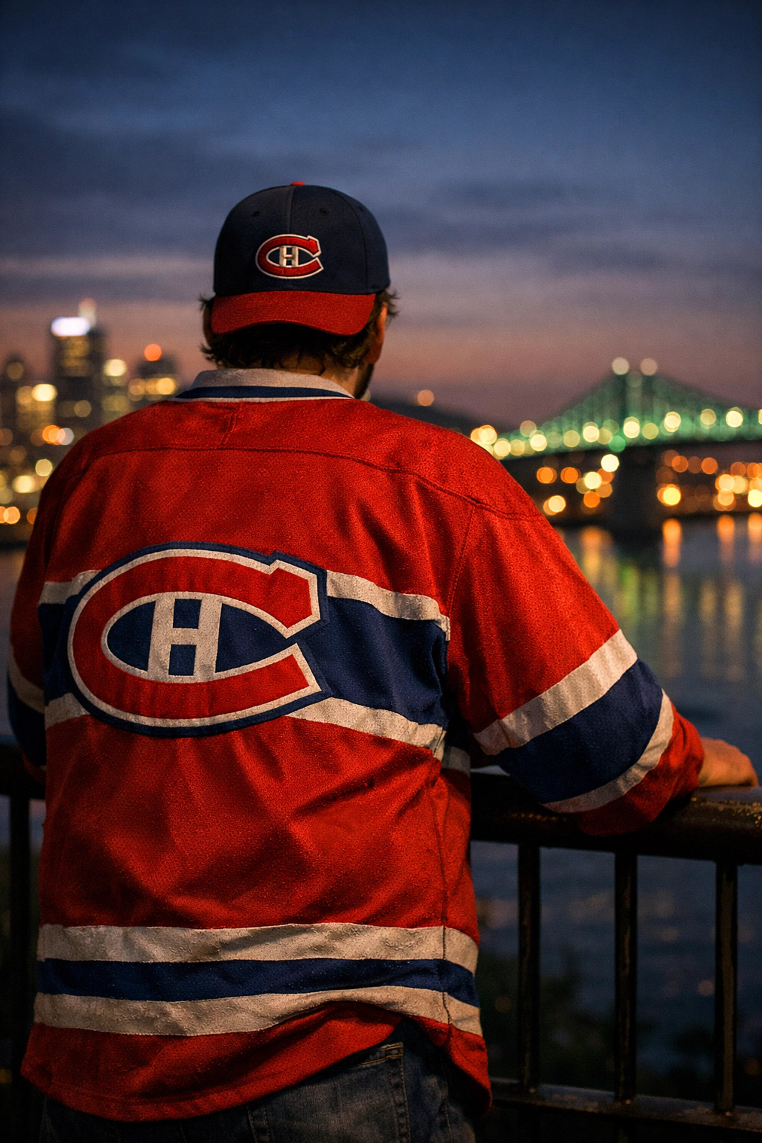 Montreal Habs fan in a Canadiens jersey overlooking the city skyline at twilight.