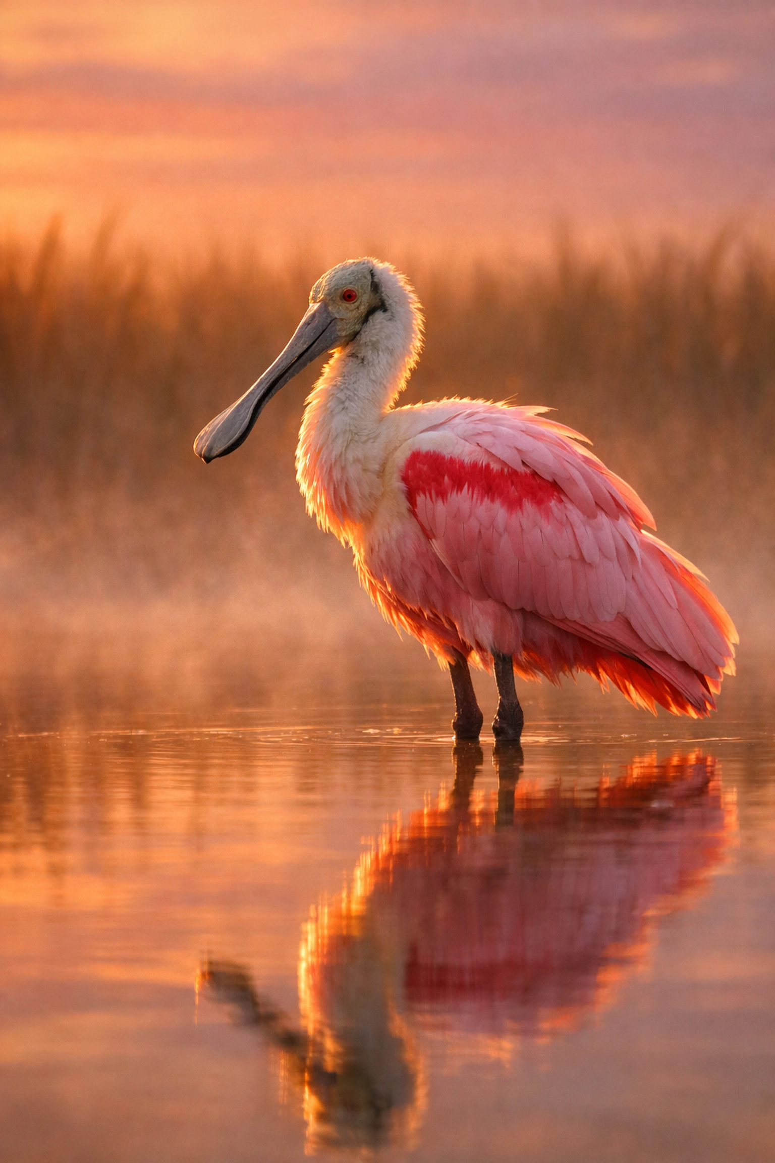 A Roseate Spoonbill stands in Everglades marsh waters at sunrise, showcasing prime bird photography lighting.