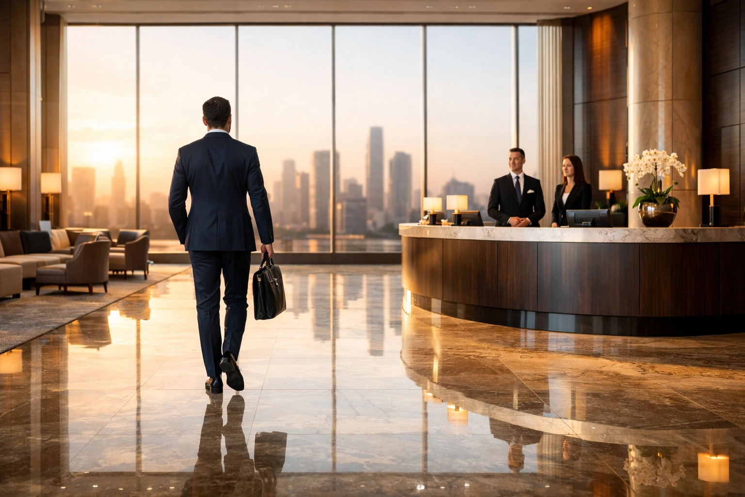 Executive arriving at a luxury Super Bowl hotel lobby for high-level corporate networking.