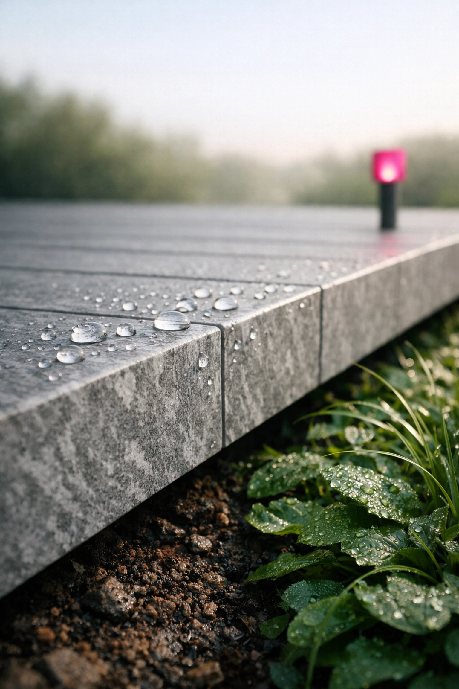Recycled plastic vs timber comparison showing waterproof panels used for a modern garden boardwalk.