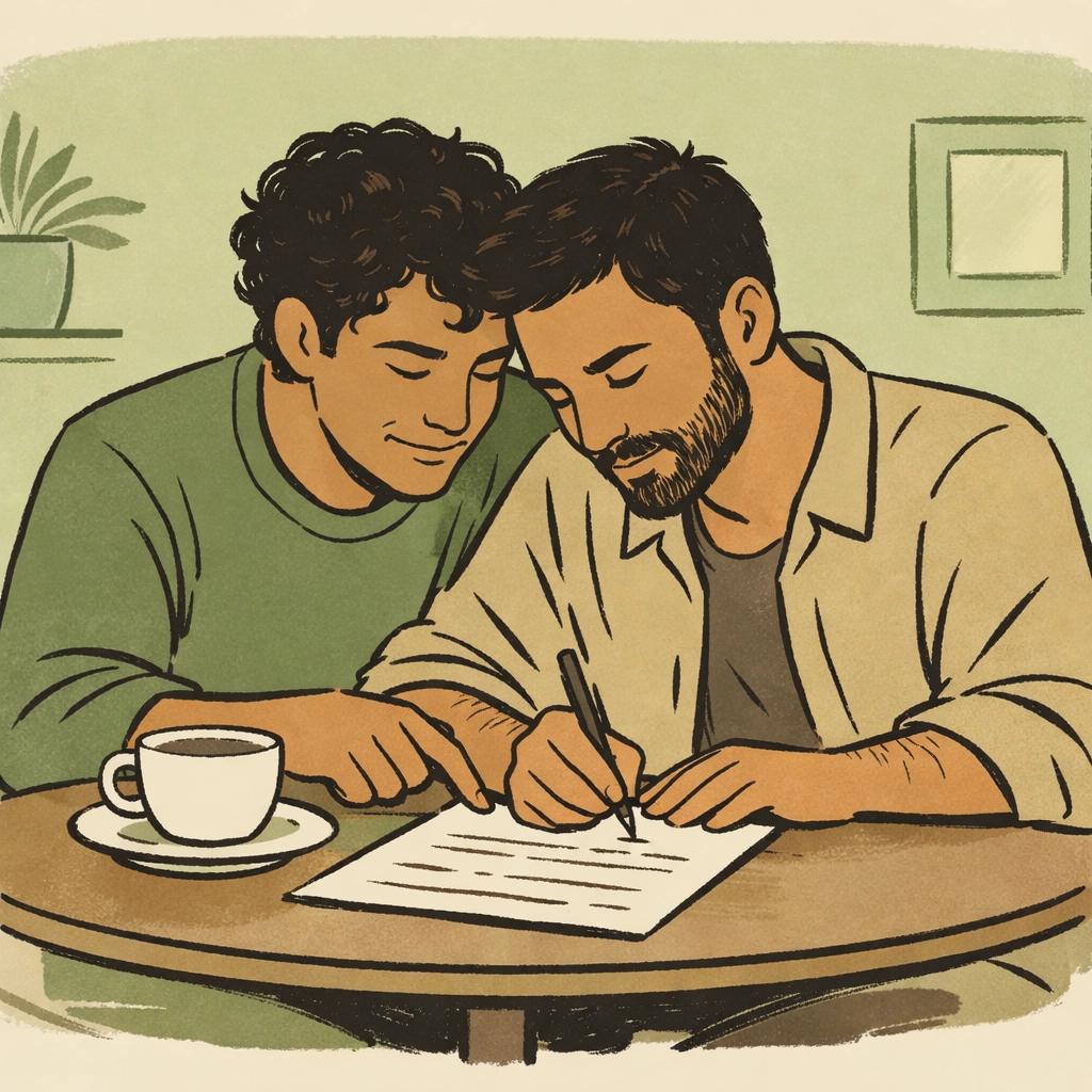 Gay men from different cultures supporting each other with asylum paperwork in cross-cultural solidarity