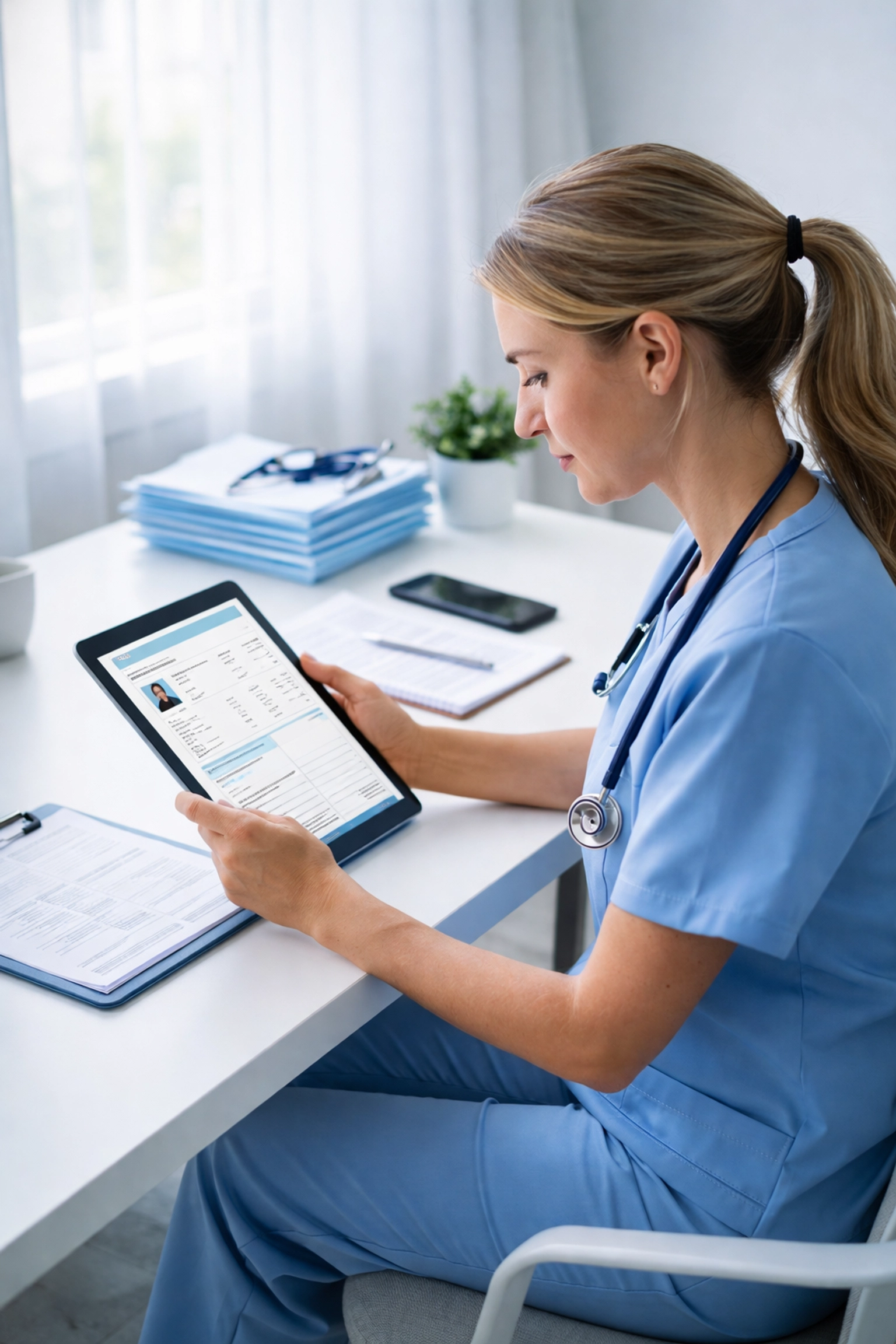 Home health nurse reviews digital patient records at a desk, demonstrating efficient AI-powered documentation for 42 CFR 484 compliance.