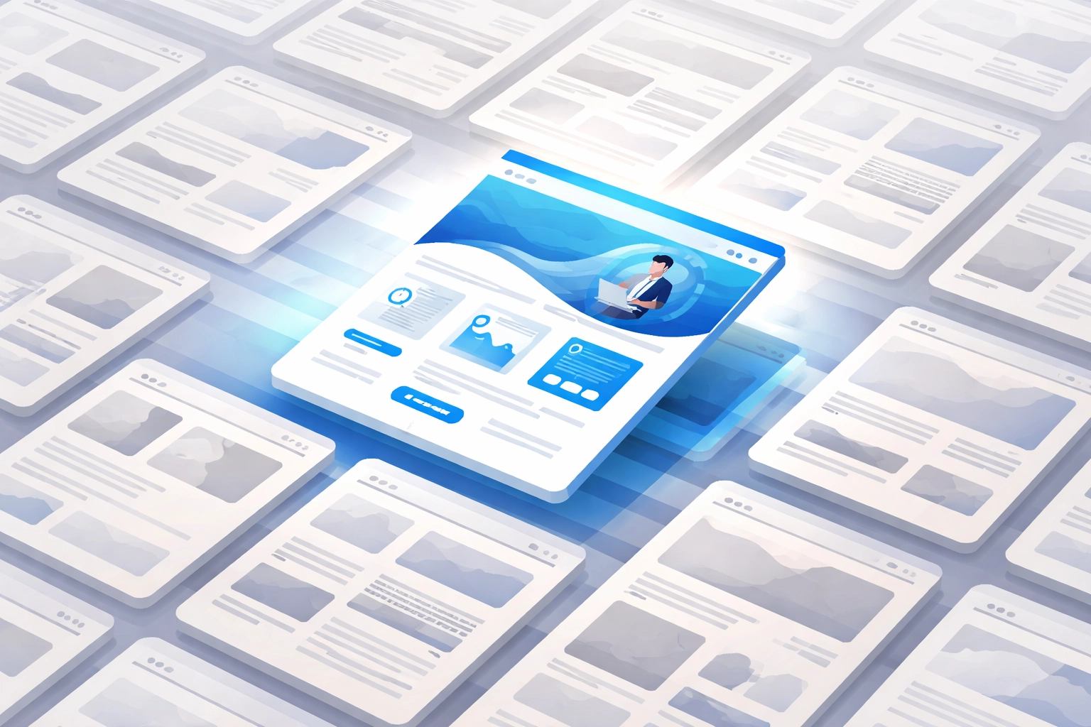 Grid of identical website templates with one unique custom site standing out, symbolizing brand differentiation