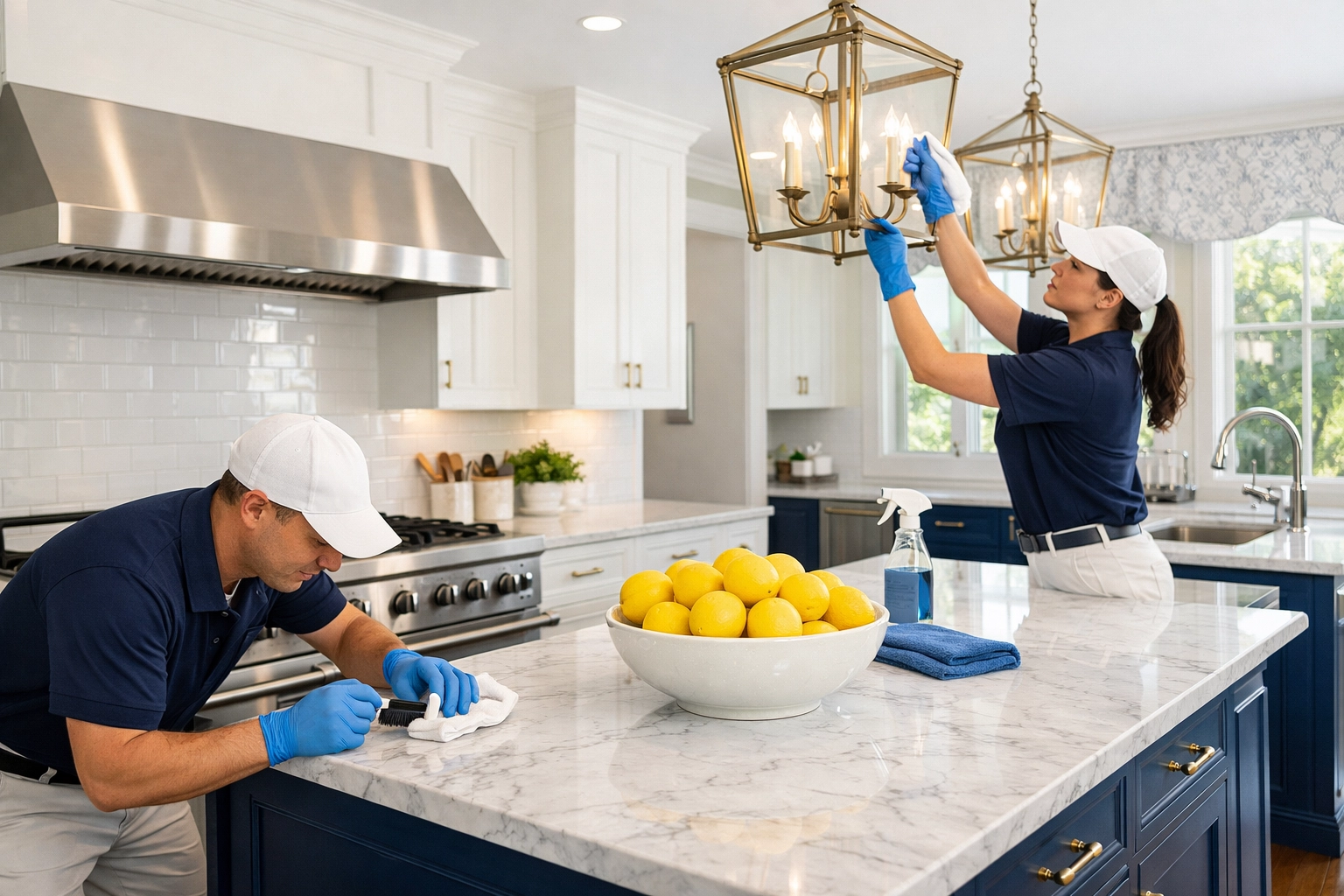 Professional cleaners performing a deep cleaning service in a luxury MetroWest kitchen.