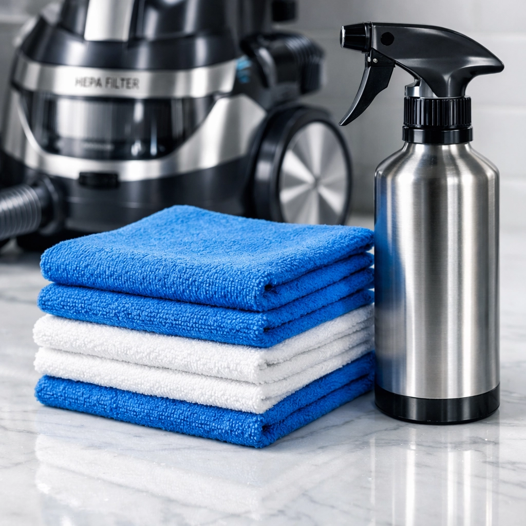 High-quality tools and supplies used for Professional House Cleaning in Sterling, MA on a marble counter.