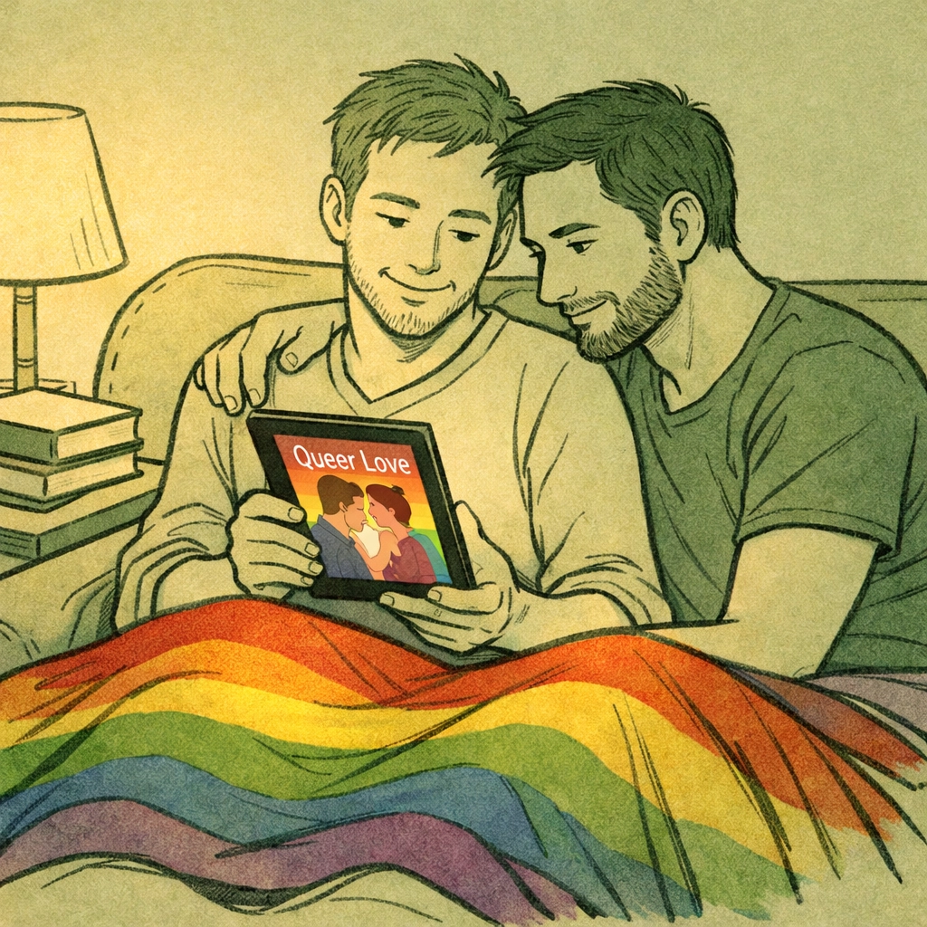 Two men reading gay romance books together on couch exploring LGBTQ+ ebooks online