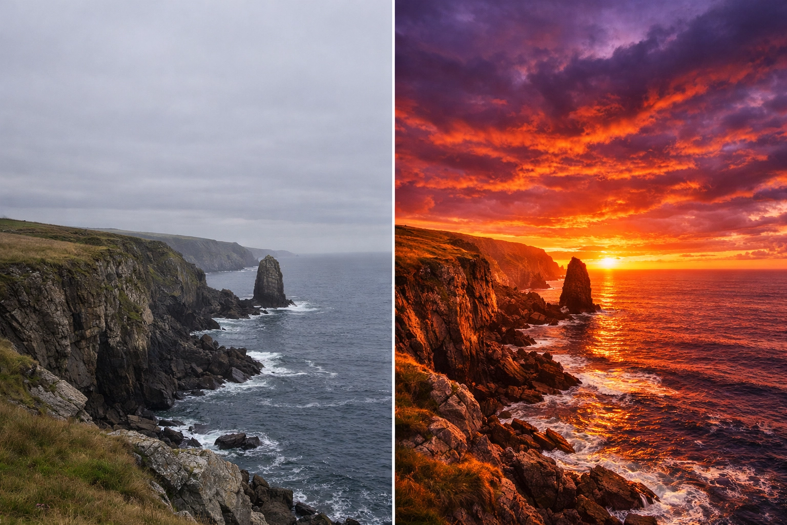 Before and after comparison of a gray coastline changed to a sunset sky using Luminar Neo software.