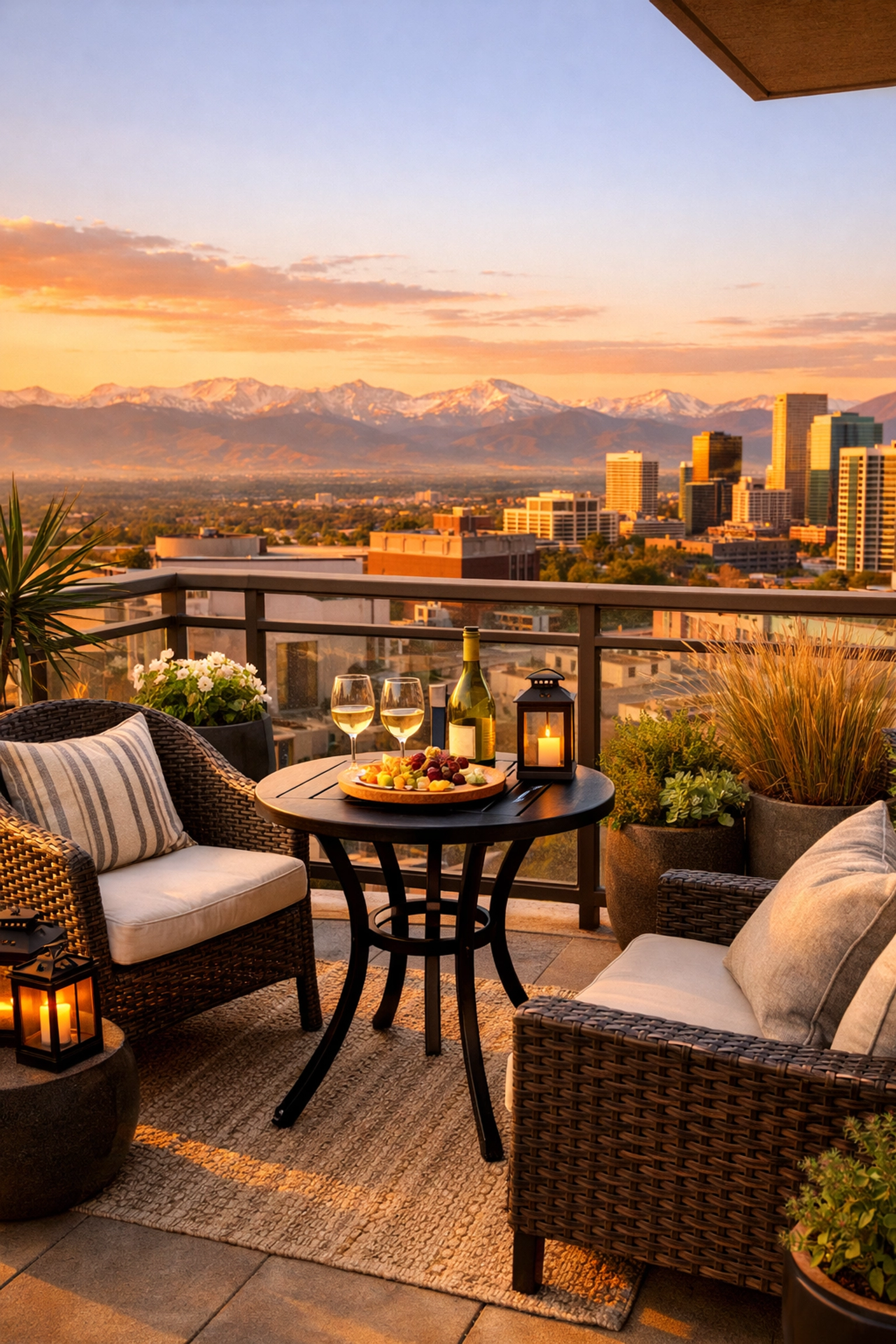 Denver condo balcony with Front Range views showcasing lock-and-leave lifestyle