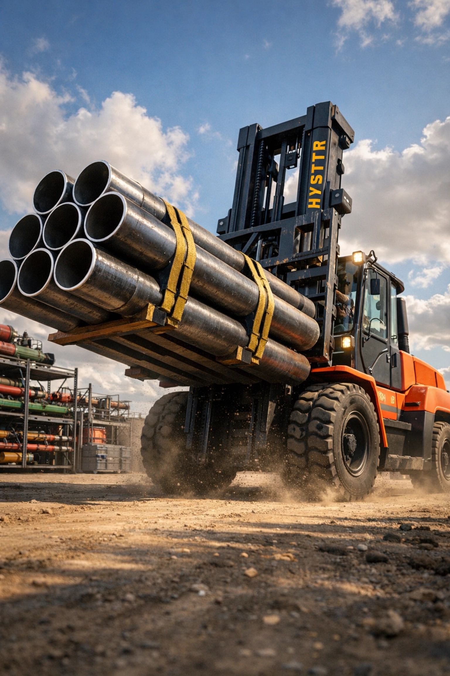 High-capacity forklift transporting industrial pipes in Houston oil and gas yard