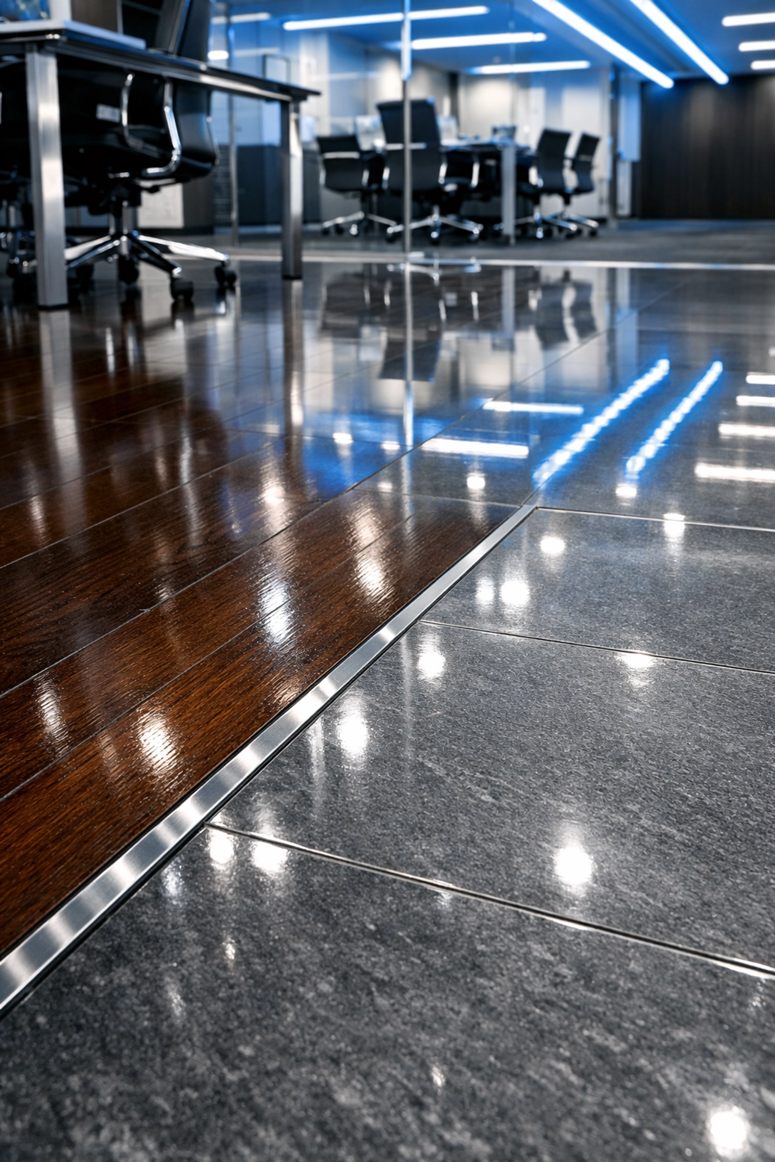 Expert commercial maintenance of polished office floors in Reading, MA, featuring a high-shine, streak-free finish.