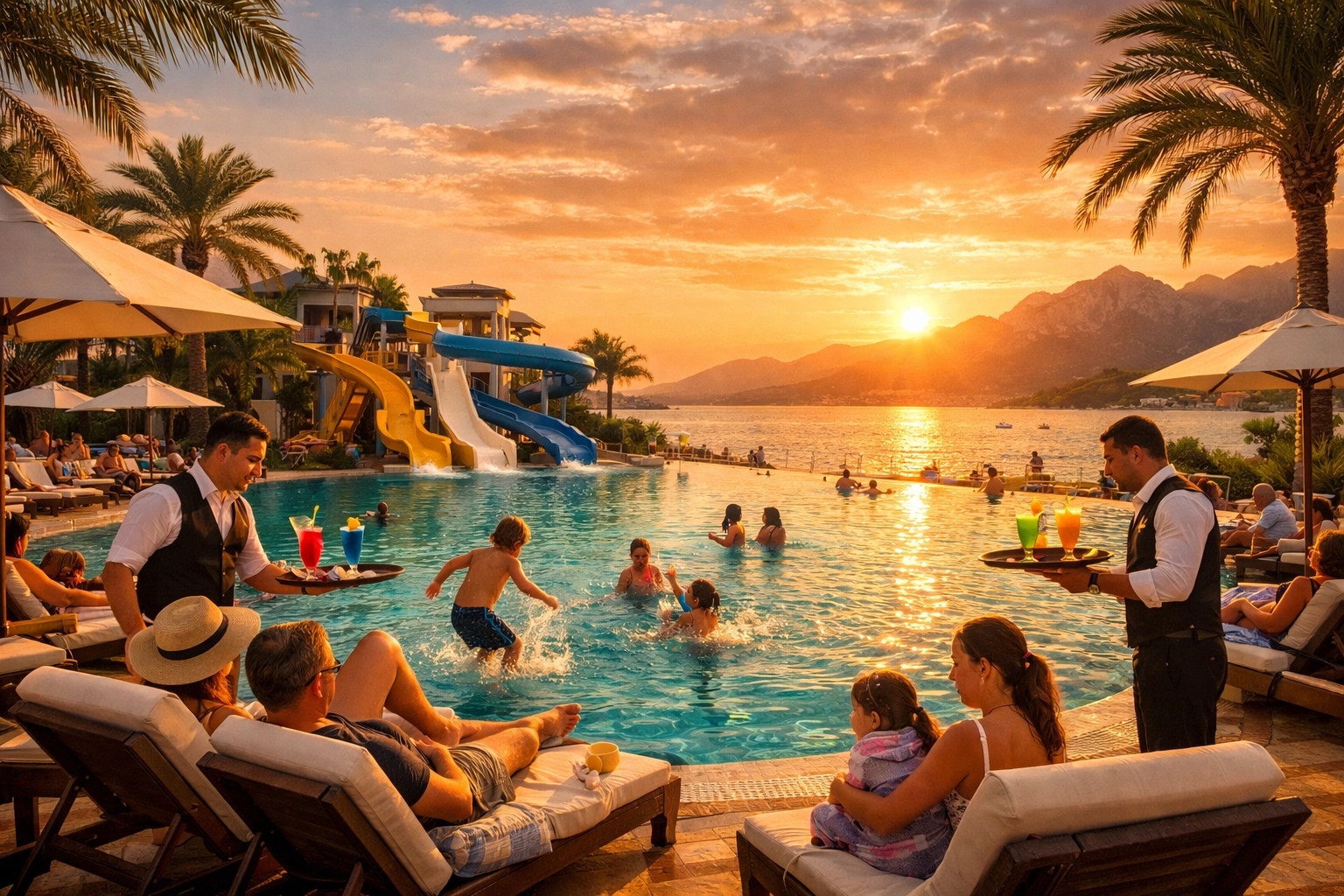 All-inclusive resort pool with families and children enjoying waterslides and activities