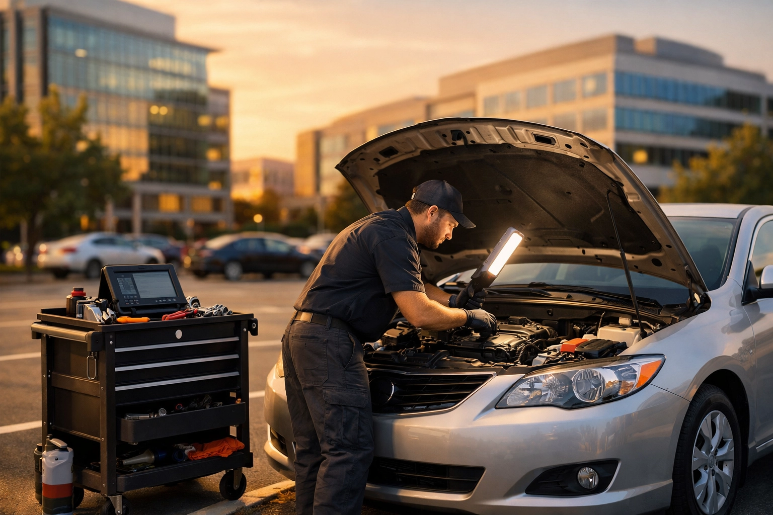 Mobile mechanic providing on-site auto repair in Green Bay office parking lot