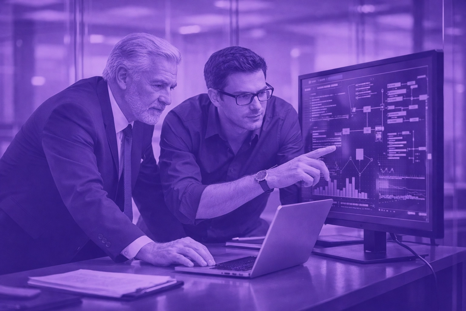 Legal partners reviewing complex case data on a screen to ensure AI accuracy and ethical oversight.