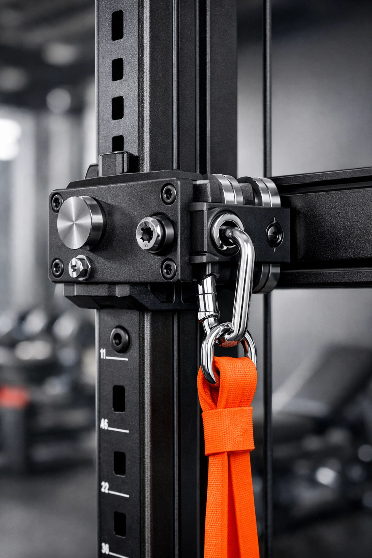 Close-up of a versatile home gym resistance rail with a heavy-duty slider and orange resistance training band.