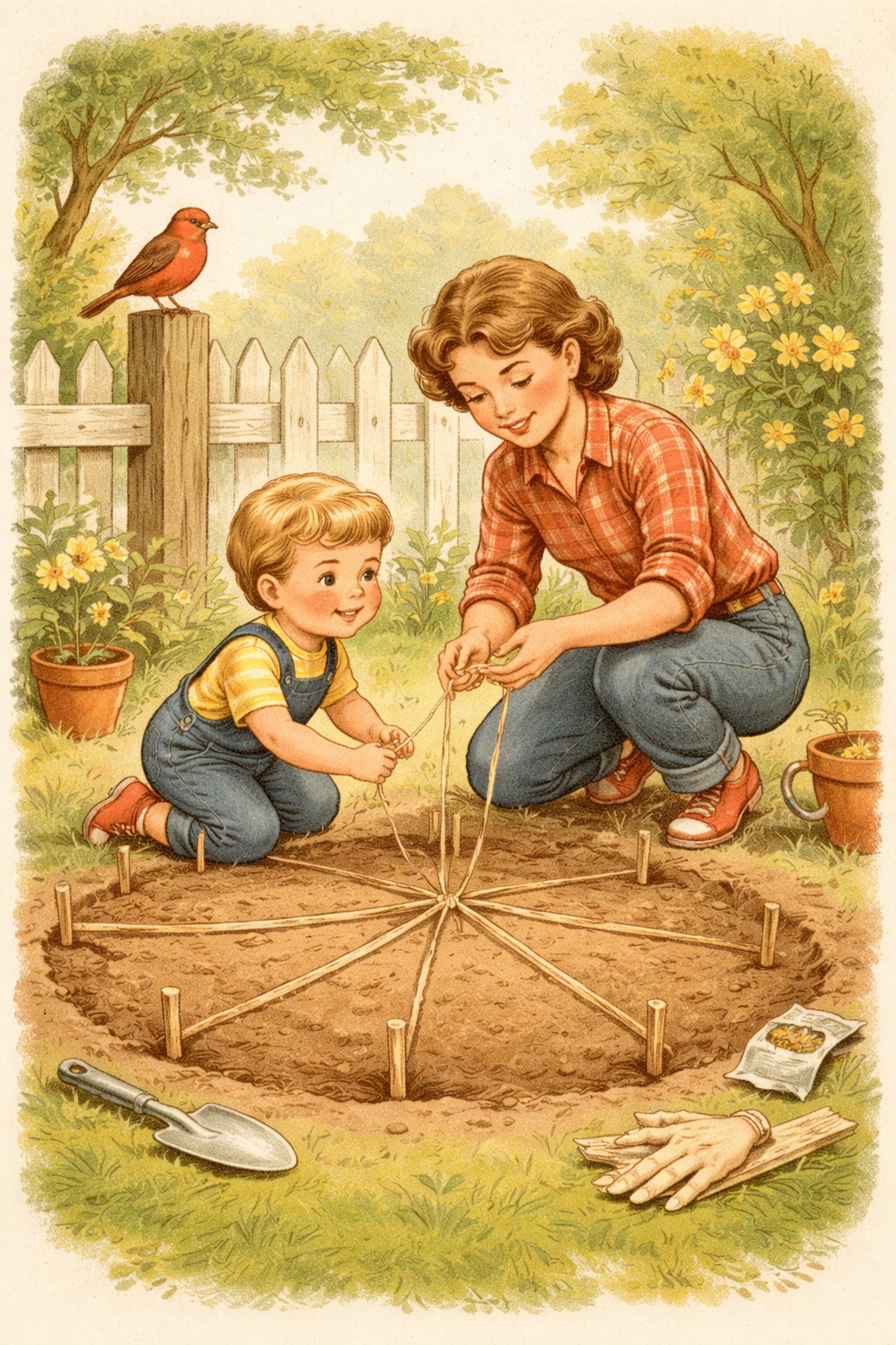 Storybook scene of a child and parent creating a clock garden in their backyard using string and garden stakes