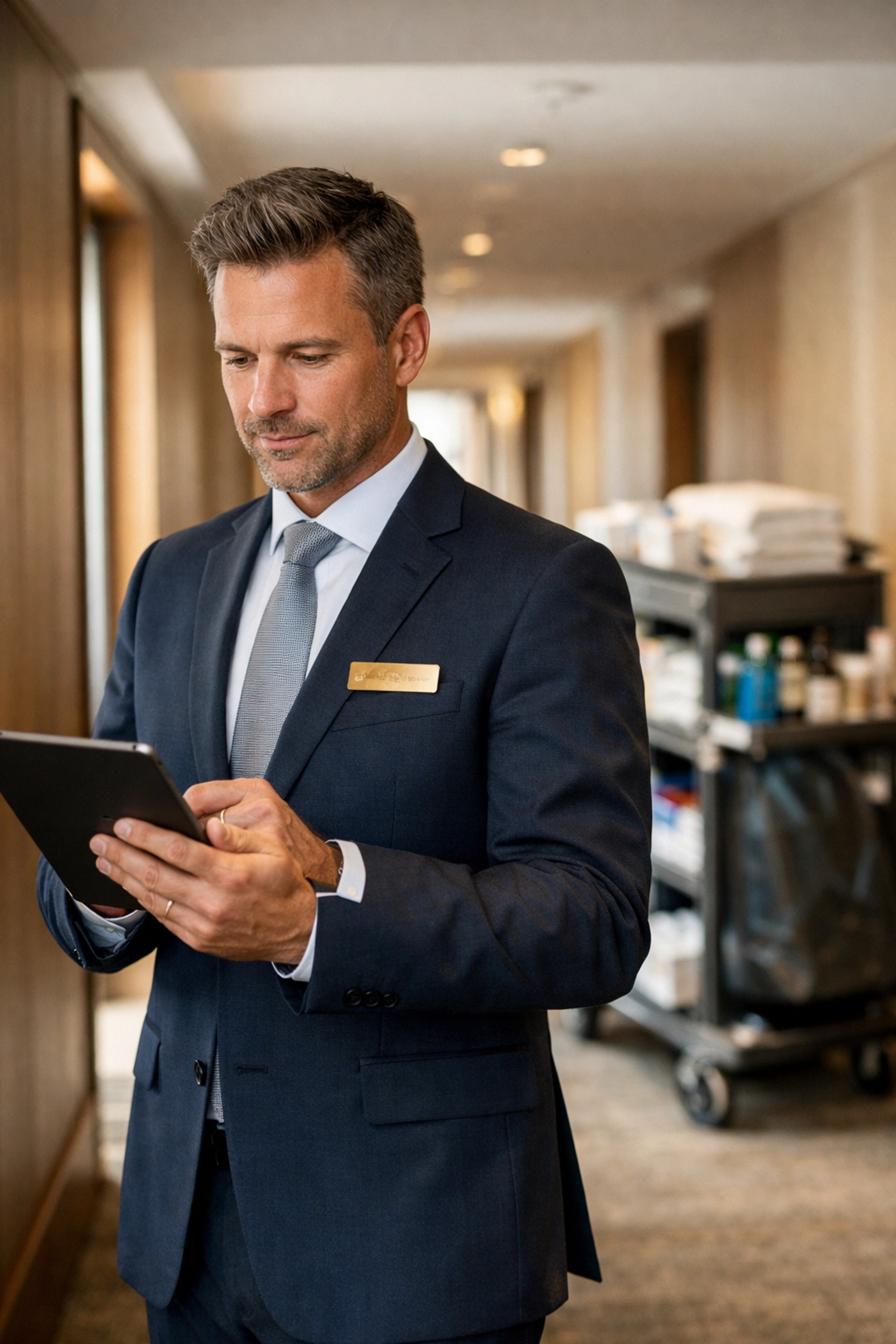 Indianapolis hotel manager reviewing housekeeping standards in a modern hallway.