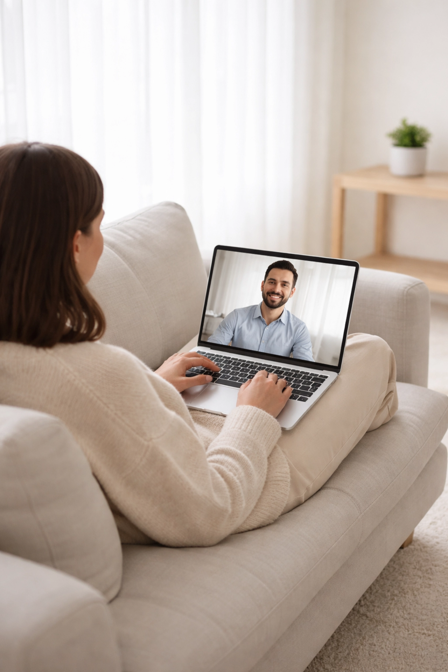 Person using a laptop for a remote online notary video call at home, demonstrating convenience and flexibility