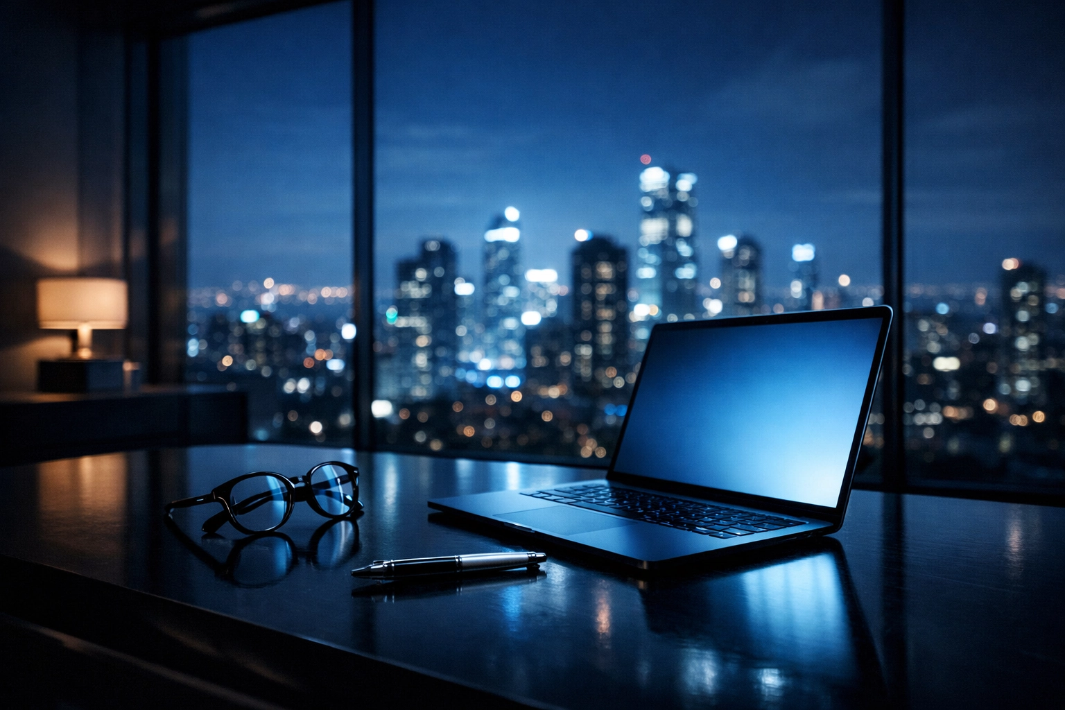 Modern business office with a laptop, representing a central command for review management.