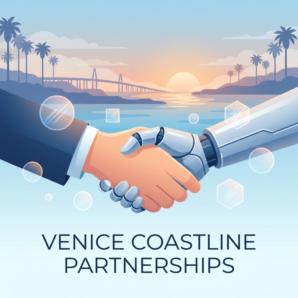Human and robot handshake in front of Venice, FL landmarks, representing partnership in AI-powered IT services for local businesses.