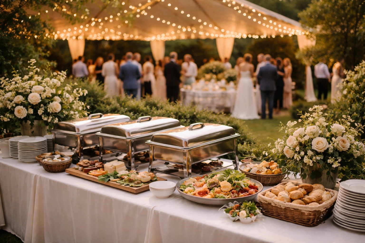Outdoor wedding reception with a catering station highlighting insurance needs for event venues