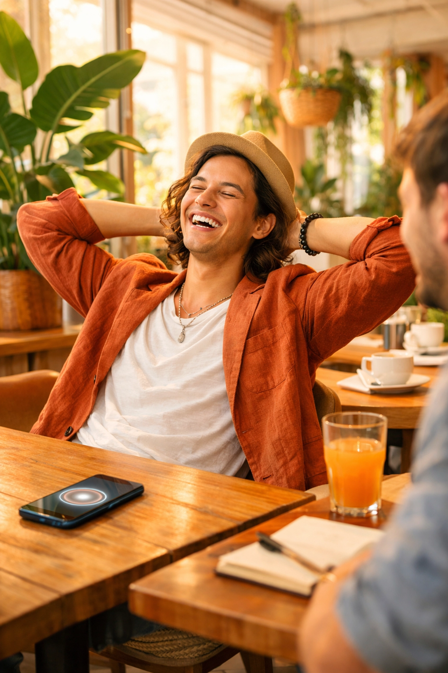 Relaxed business owner in a cafe while an AI Manager handles customer queries automatically on their phone.