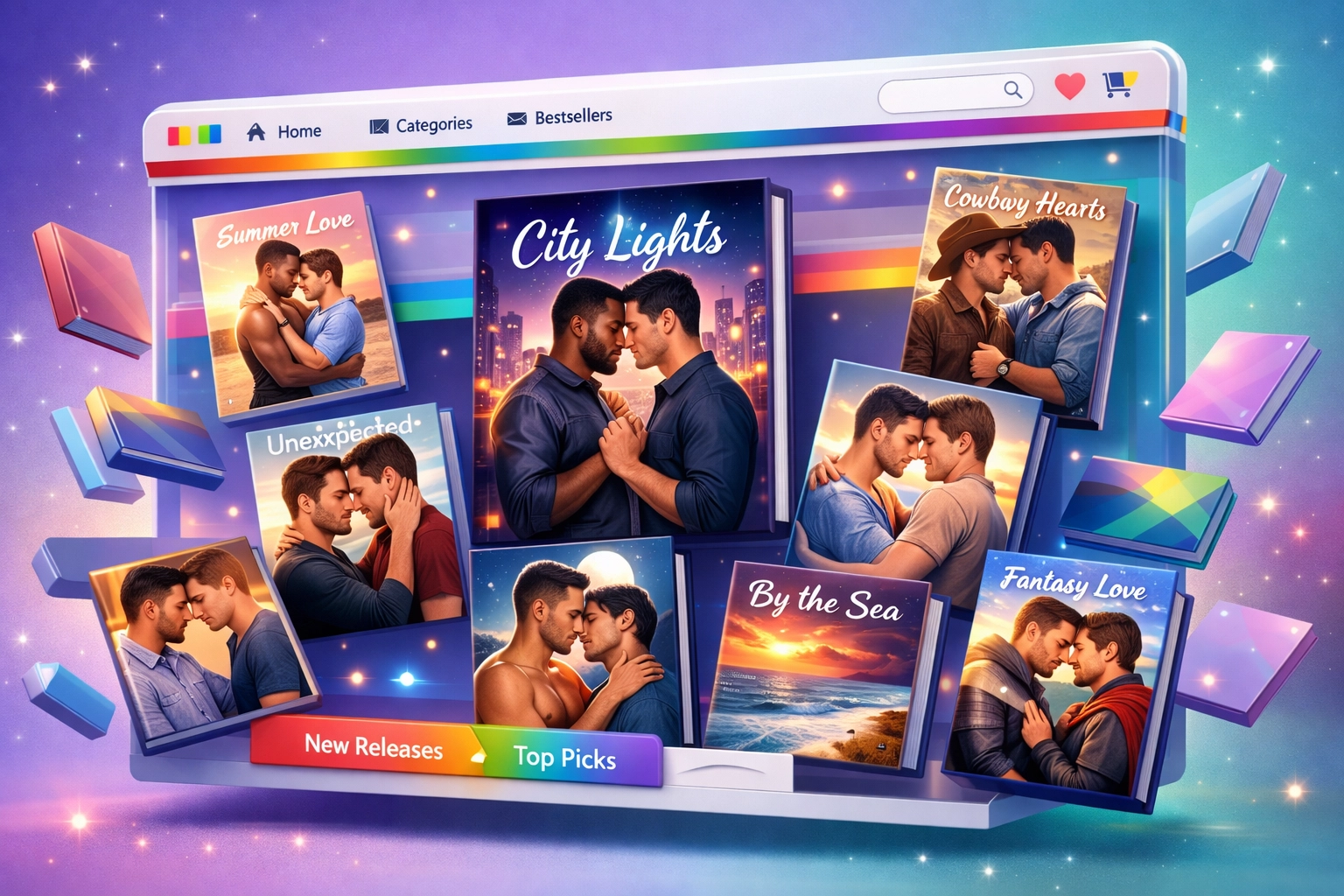 Digital storefront displaying MM romance and gay fiction ebooks for sale online