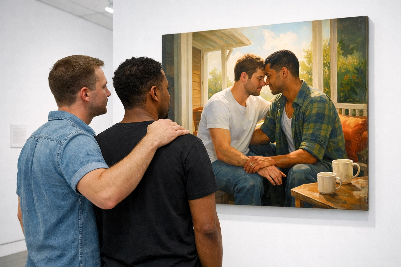 A diverse gay couple embracing while viewing a contemporary oil painting of queer love and intimacy in a modern gallery.