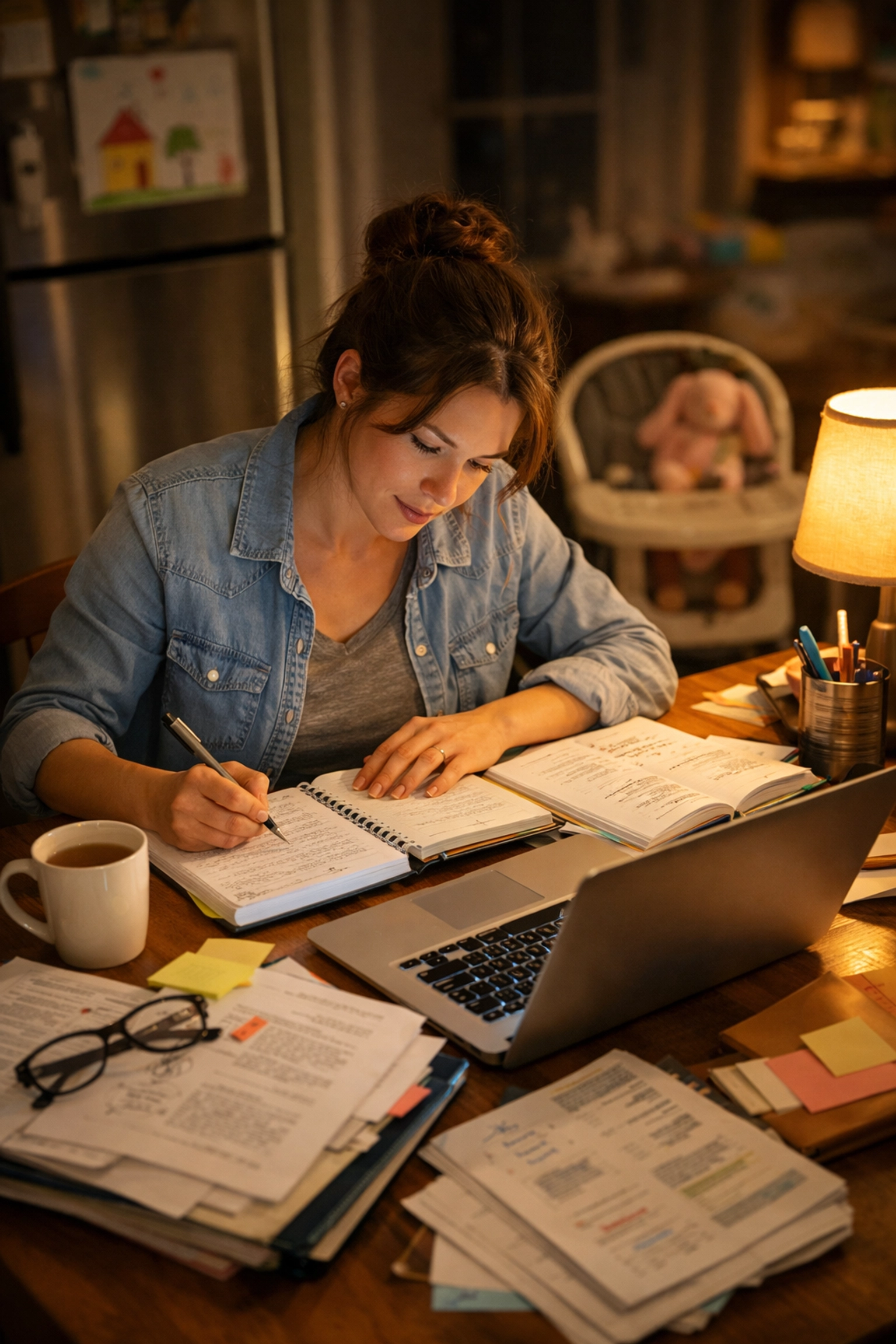 Working parent studying for CLEP exam at kitchen table with laptop and study materials (1x1, center safe zone)