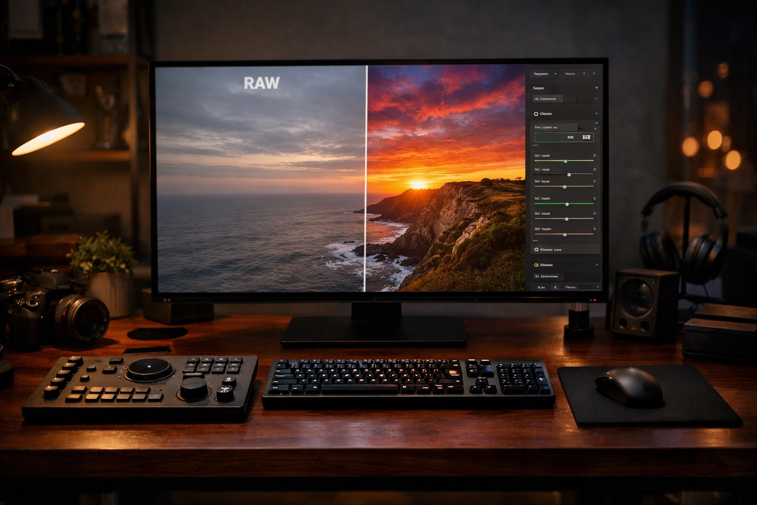 Photo editing workspace displaying RAW and edited landscape shots from comprehensive photography tutorials.